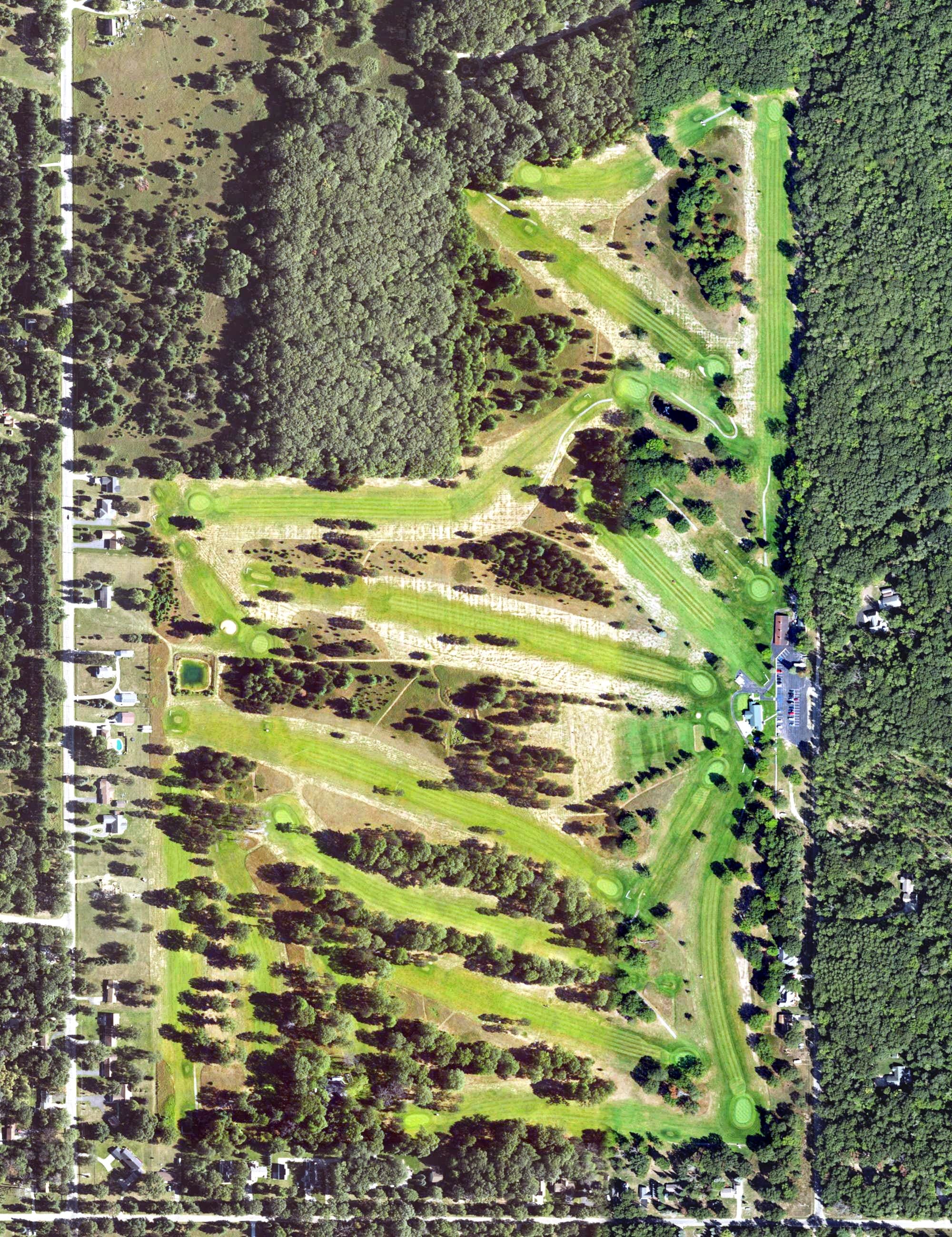 Aerial view of Burning Oak Country Club, MI, with its hole routing marked
