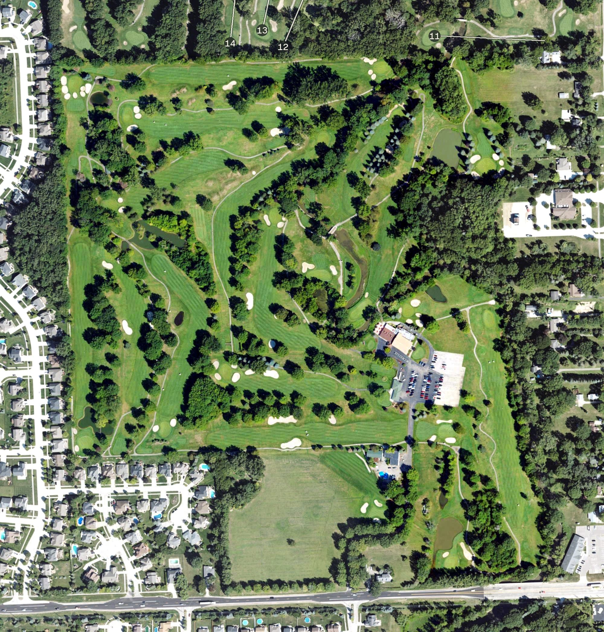 Aerial view of Burning Tree Country Club, MI, with its hole routing marked