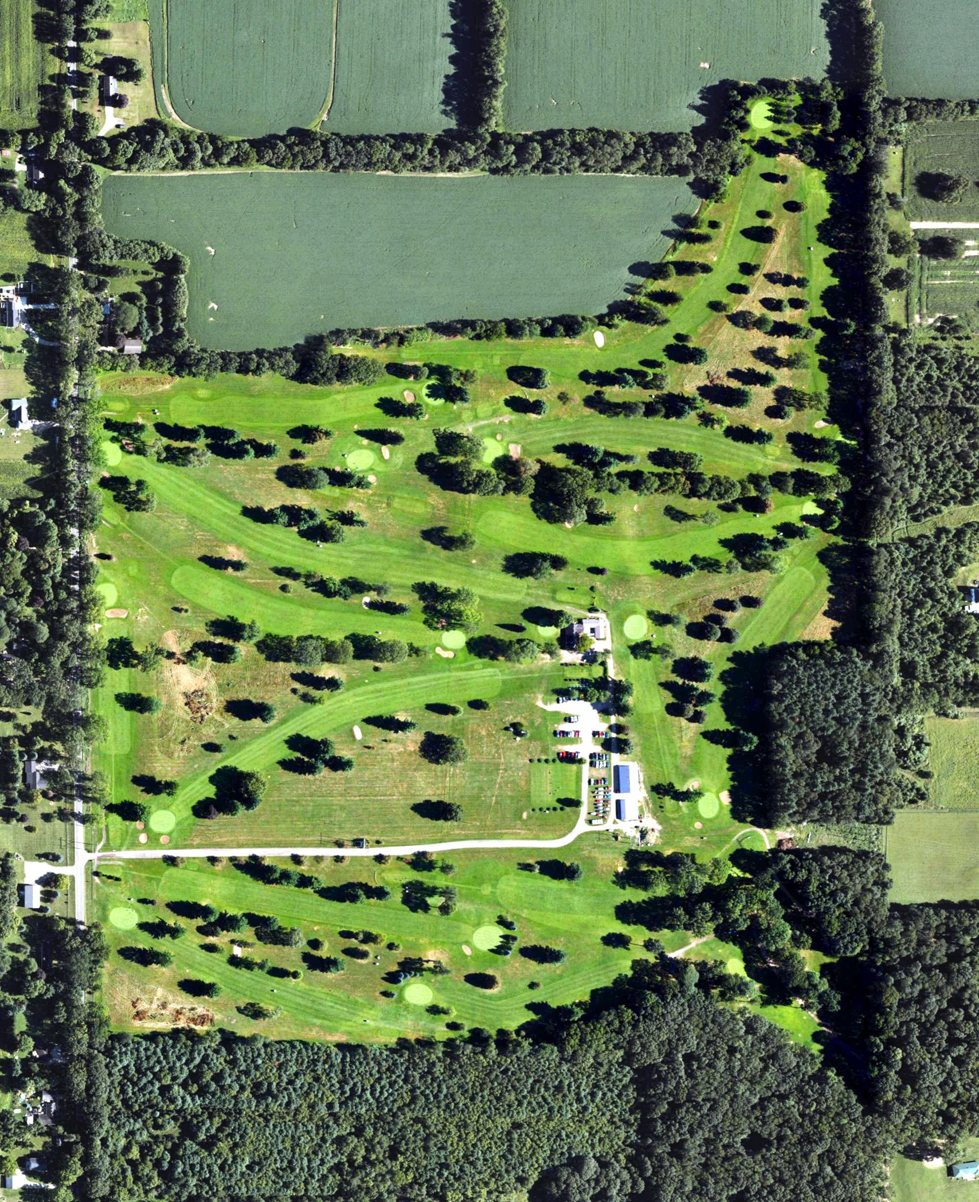 Aerial view of Burr Oak Golf Club, MI, with its hole routing marked