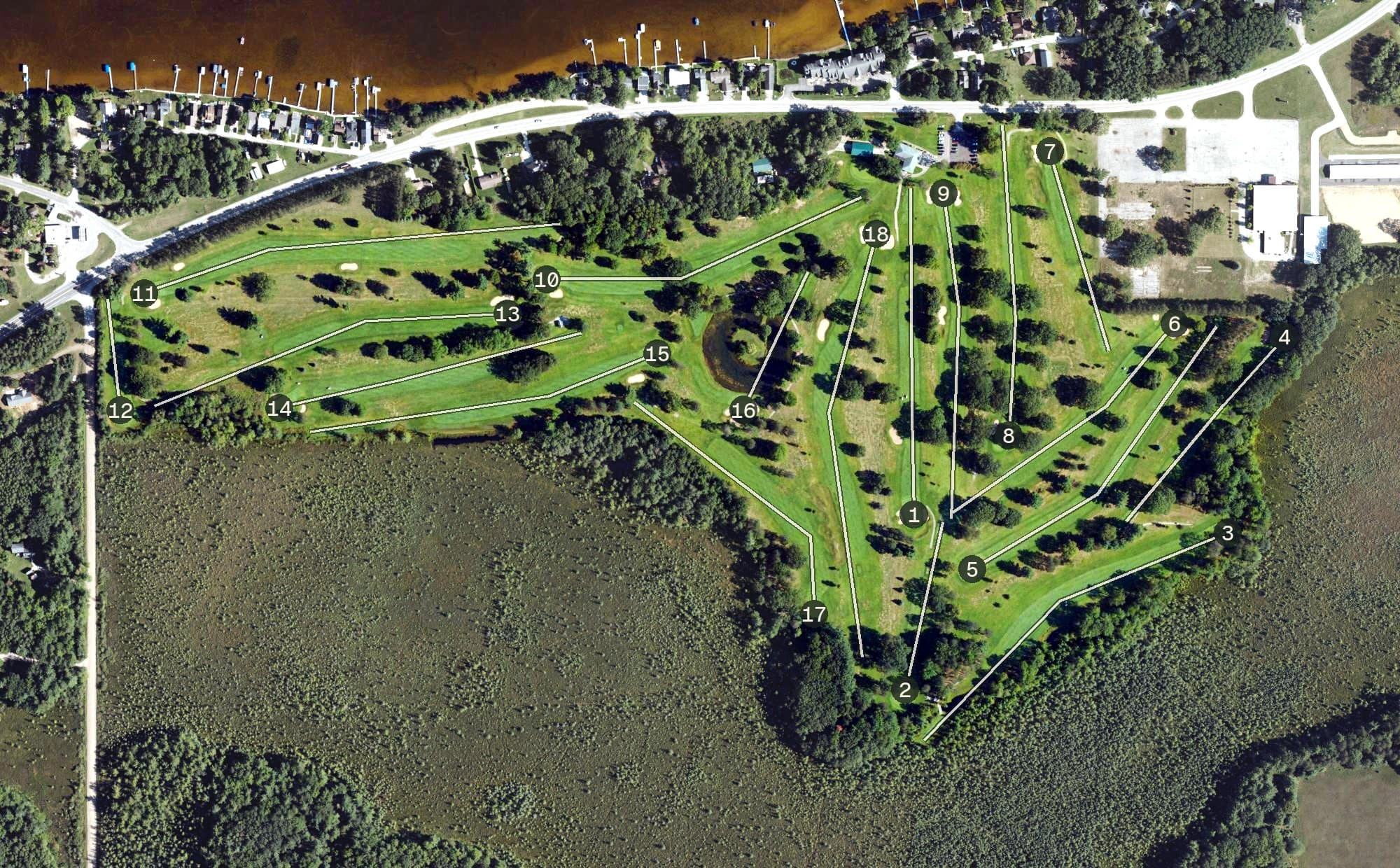 Aerial view of Cadillac Country Club, MI, with its hole routing marked