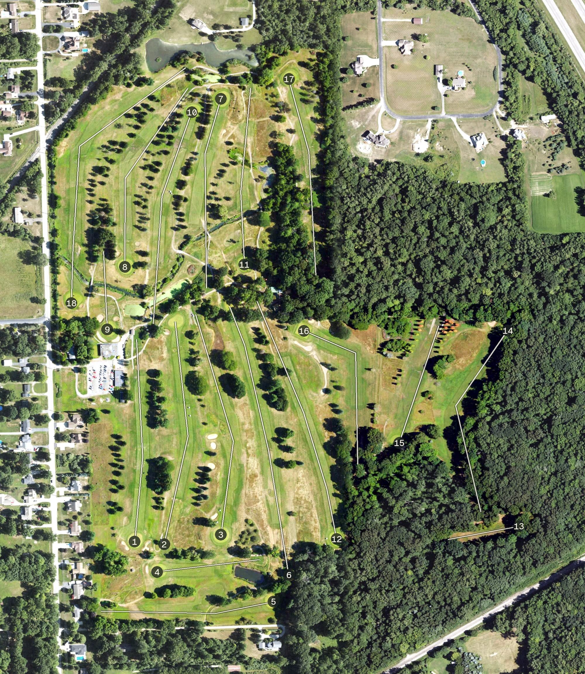 Aerial view of Carleton Glen Golf Club, MI, with its hole routing marked