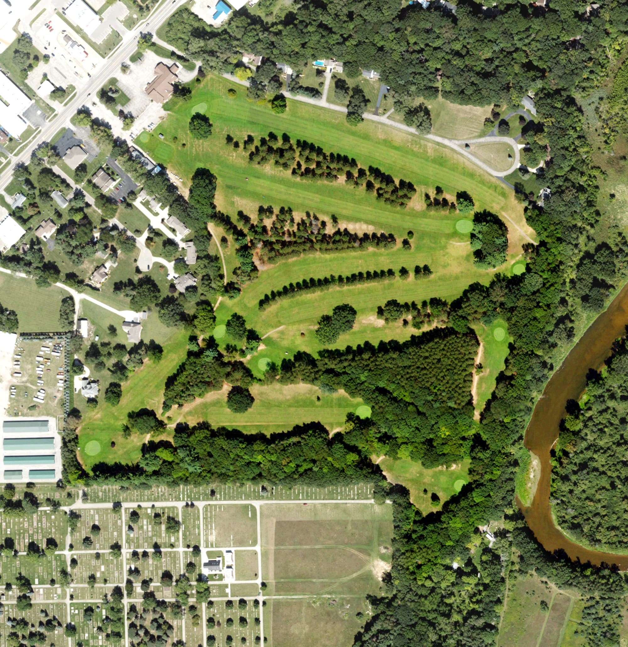 Aerial view of Caro Golf Club, MI, with its hole routing marked