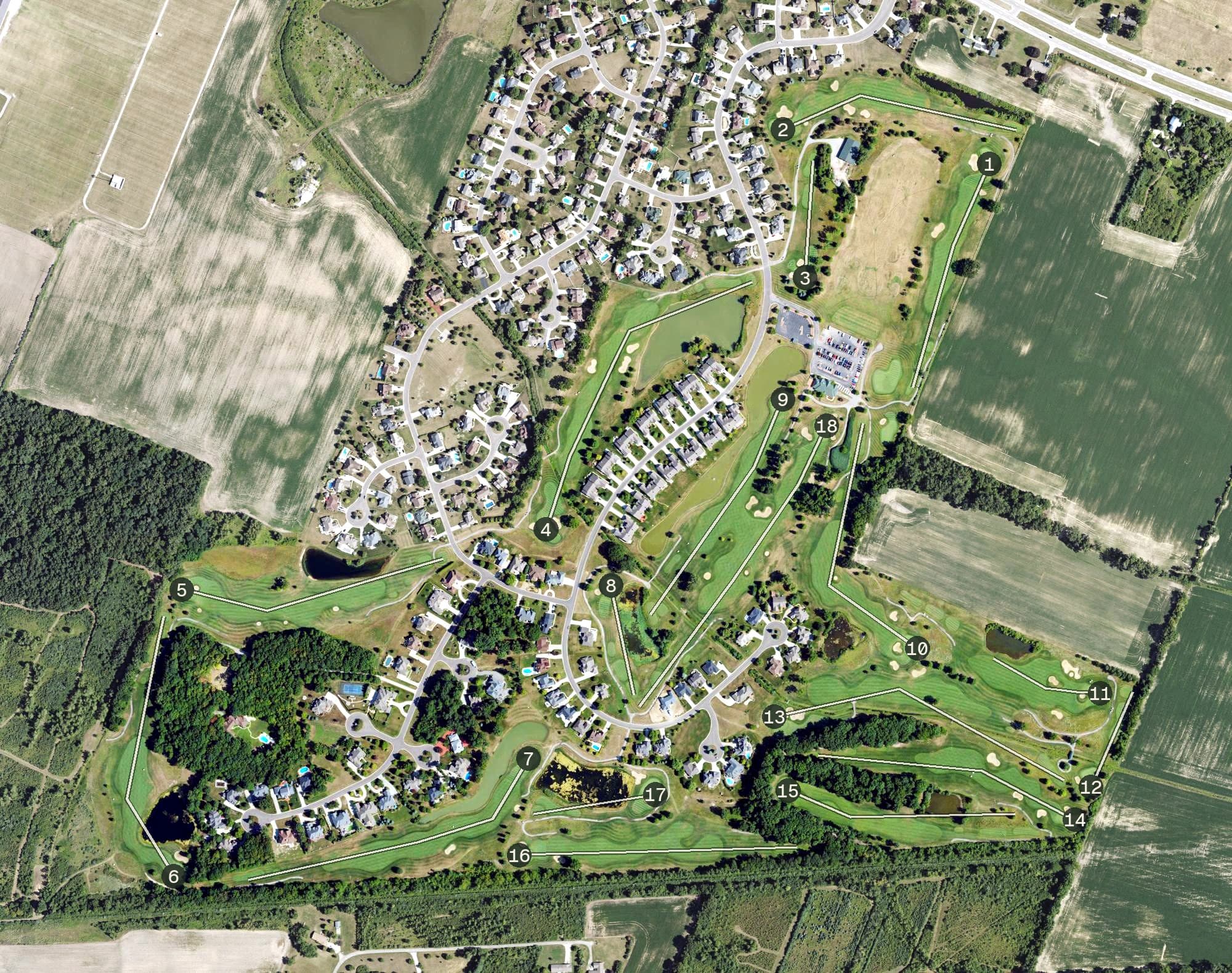Aerial view of Carrington Golf Club, MI, with its hole routing marked