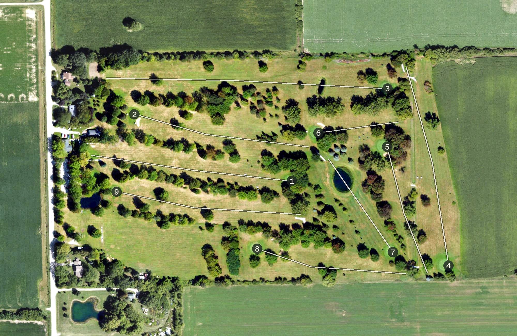 Aerial view of Caseville Golf Course, MI, with its hole routing marked