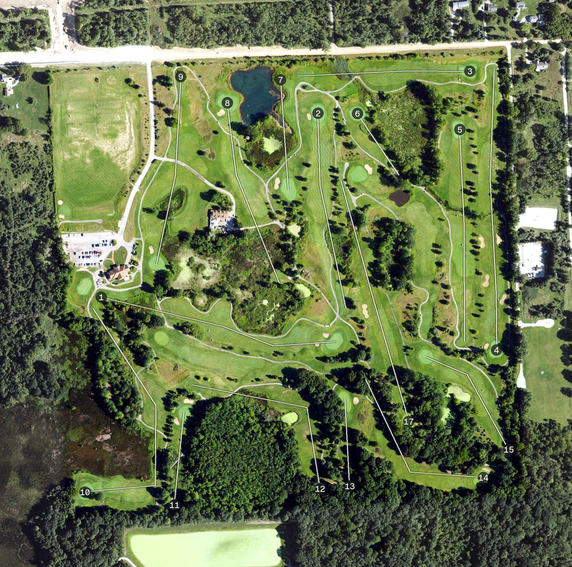 Aerial view of Cattails Golf Club, MI, with its hole routing marked