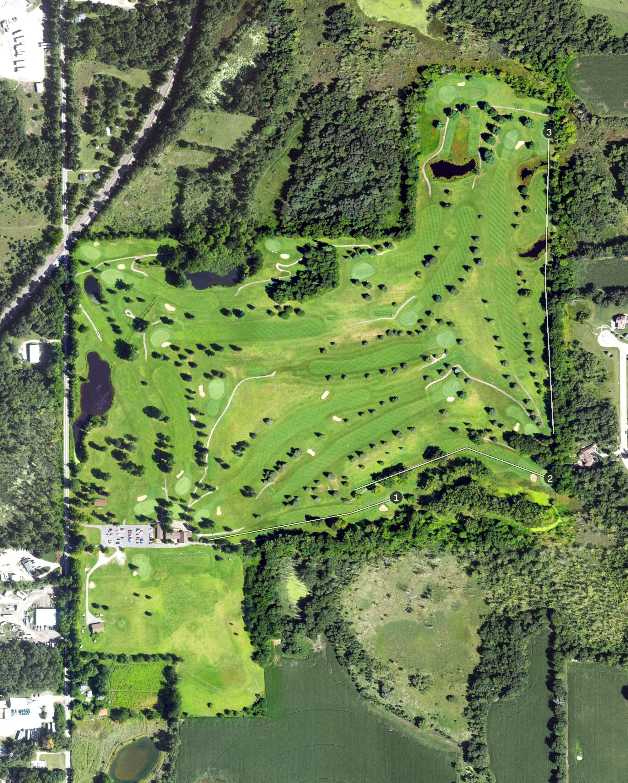 Aerial view of Cedar Creek Golf Course, MI, with its hole routing marked