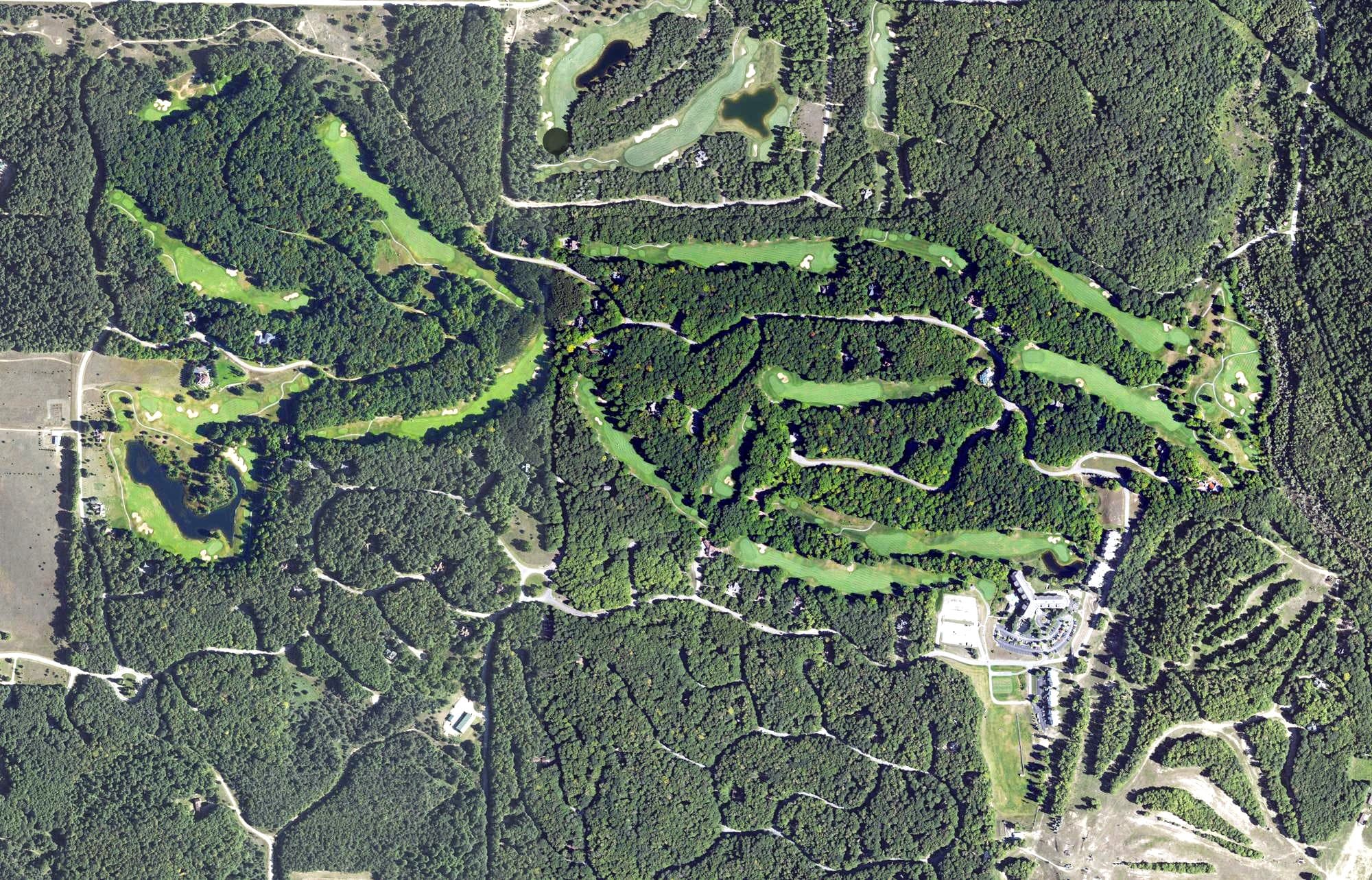 Aerial view of Cedar River Golf Course, MI, with its hole routing marked