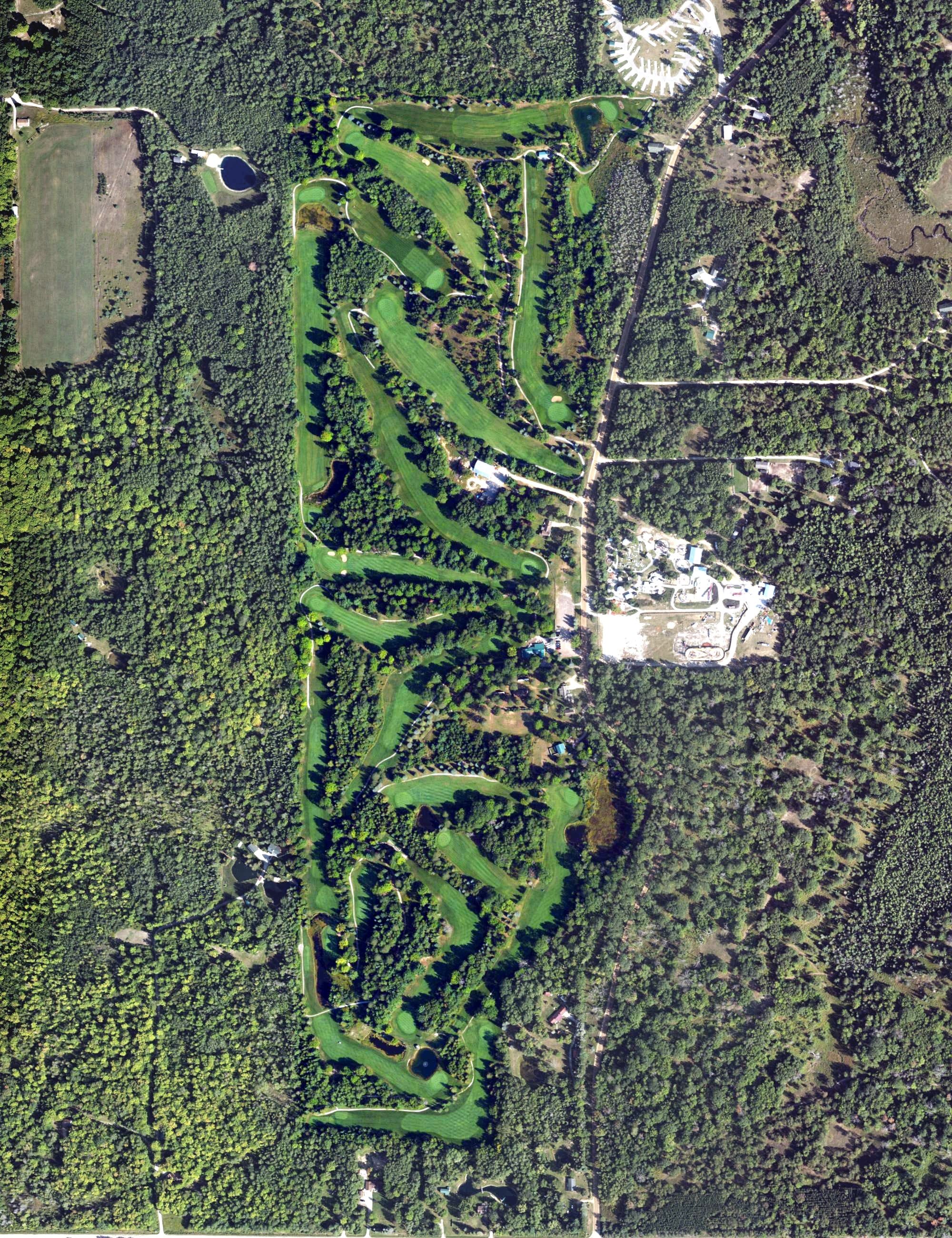 Aerial view of Cedar Valley Golf Club, MI, with its hole routing marked