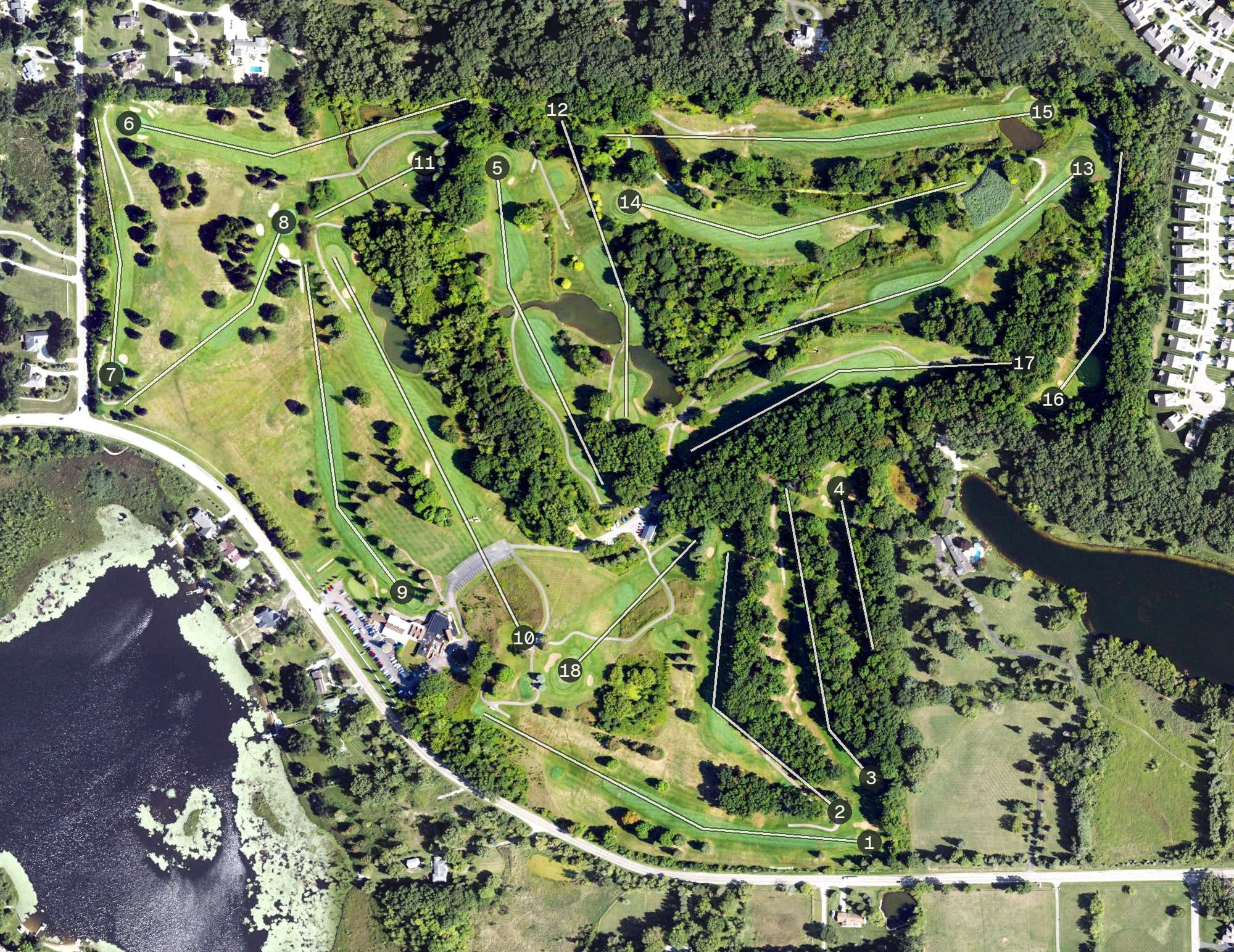 Aerial view of Chemung Hills Golf Club, MI, with its hole routing marked