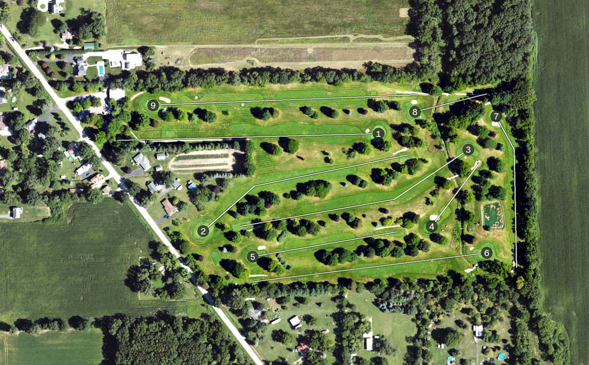 Aerial view of Cherrywood Golf Club, MI, with its hole routing marked