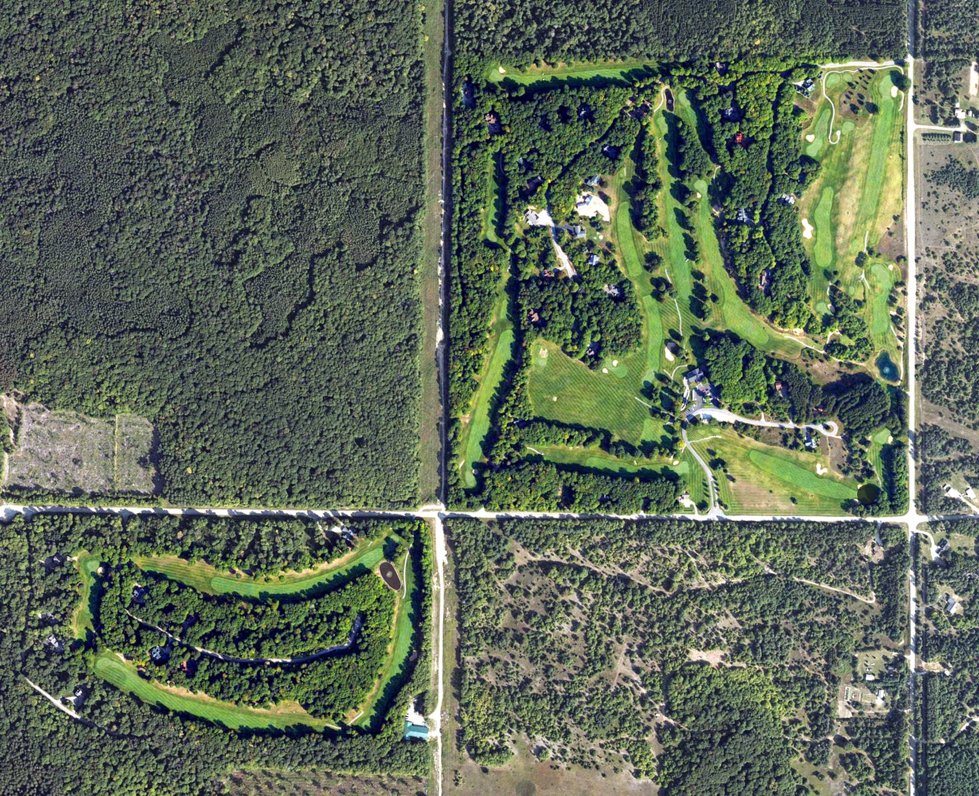 Aerial view of Chestnut Valley Golf Course, MI, with its hole routing marked