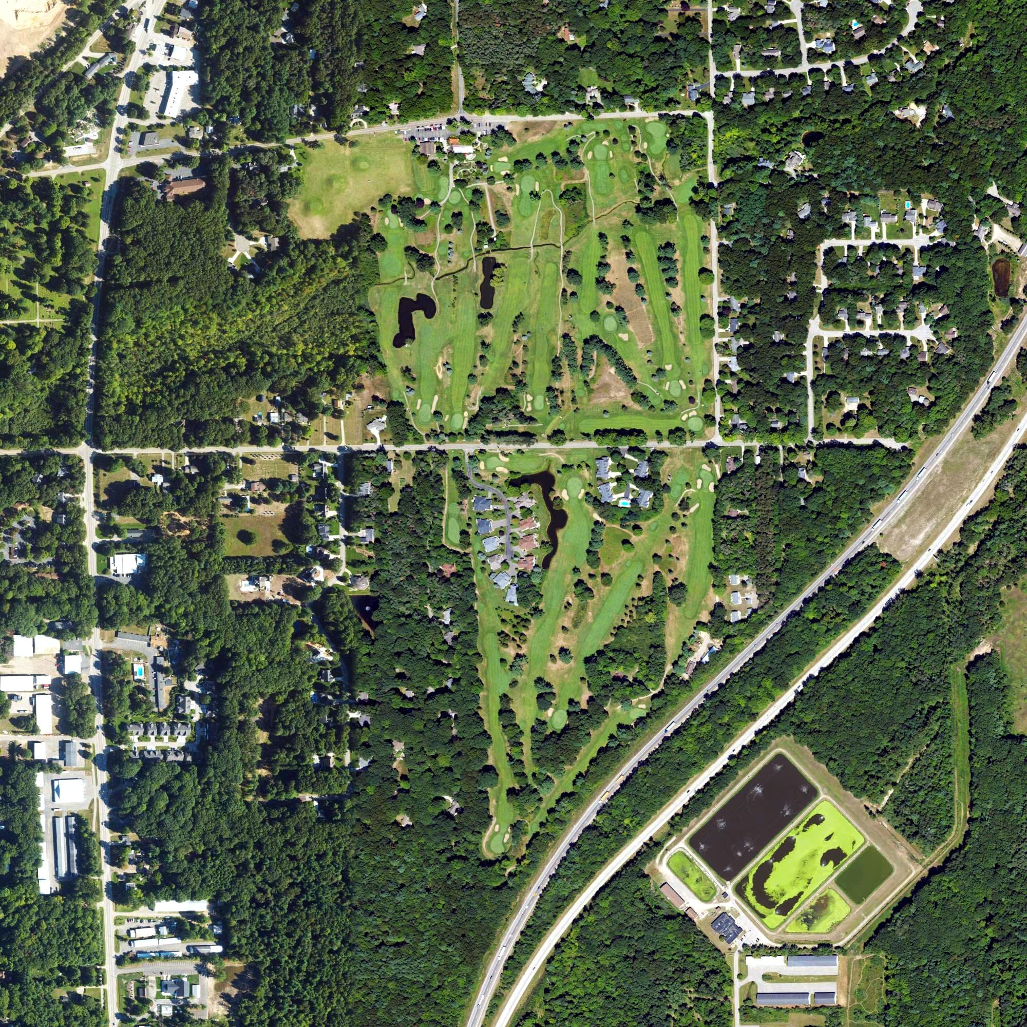 Aerial view of Clearbrook, MI, with its hole routing marked