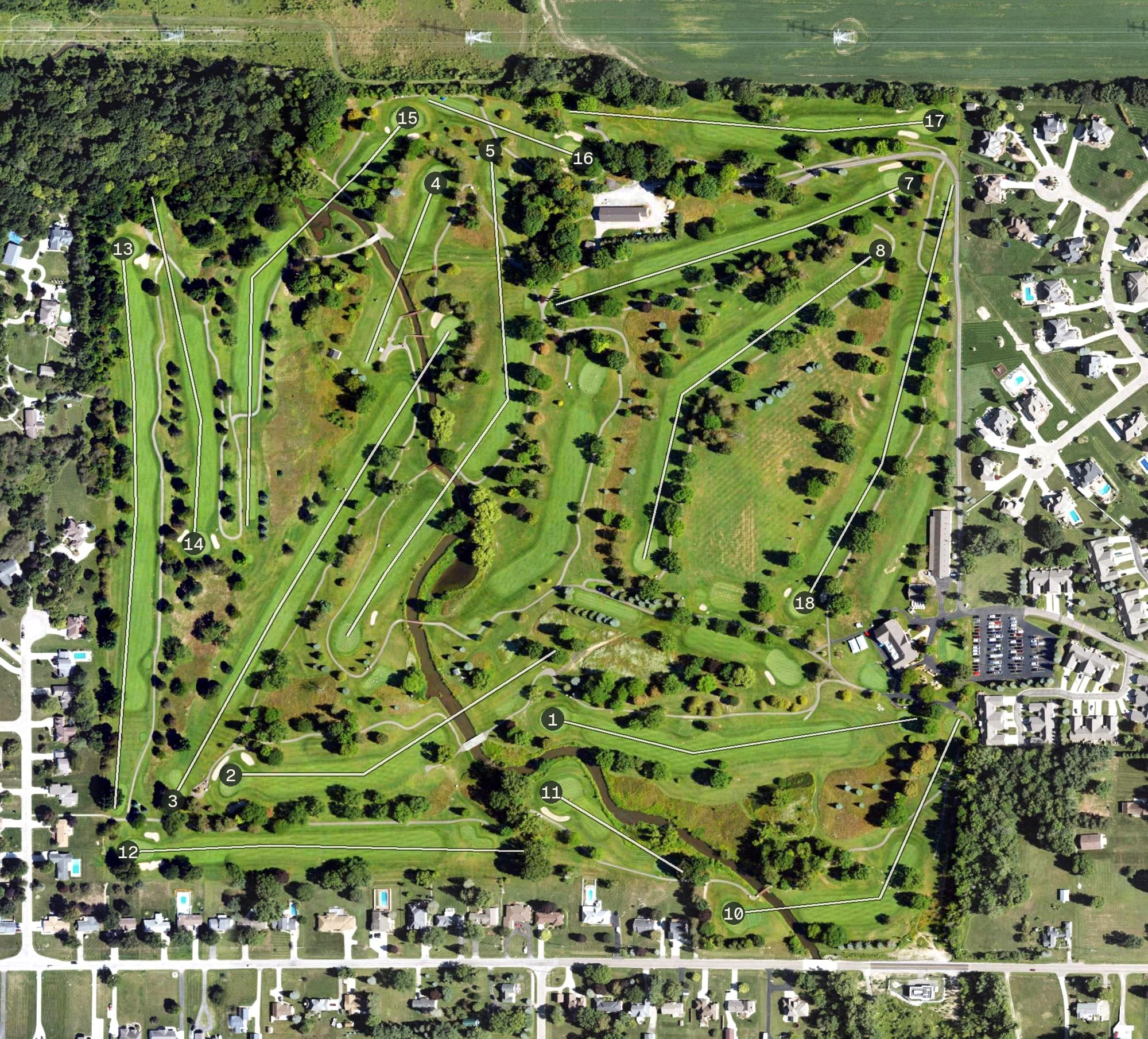 Aerial view of Clio Country Club, MI, with its hole routing marked