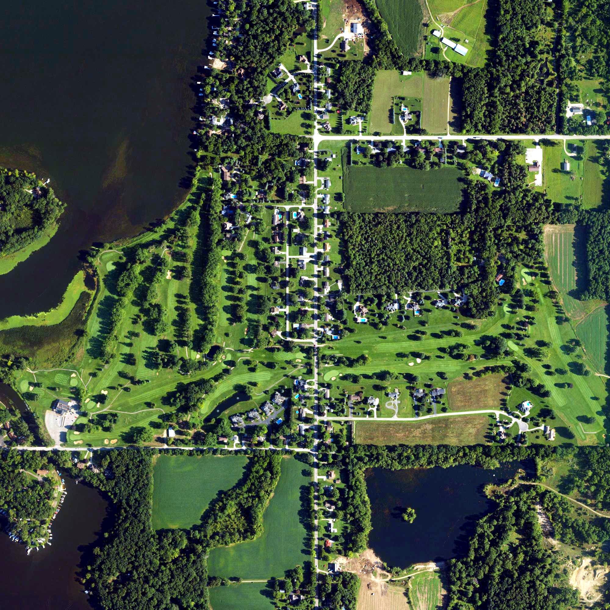 Aerial view of Coldwater Golf Course, MI, with its hole routing marked