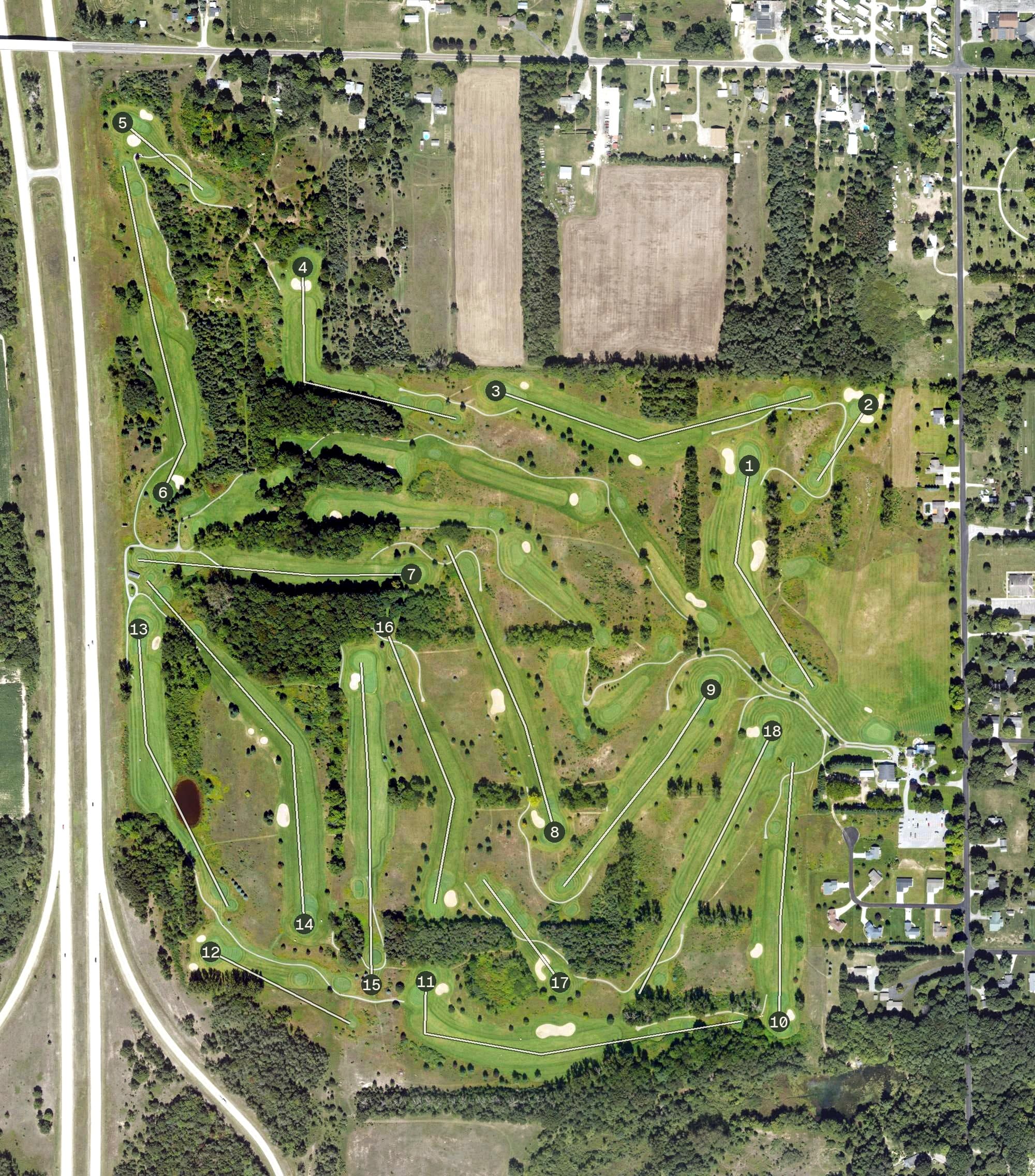 Aerial view of Colonial Golf Course, MI, with its hole routing marked