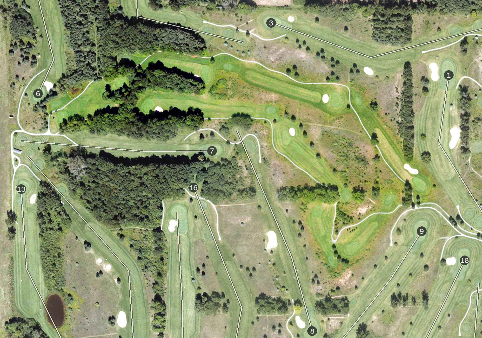 Aerial view of Colonial Heritage 9 Course, MI, with its hole routing marked