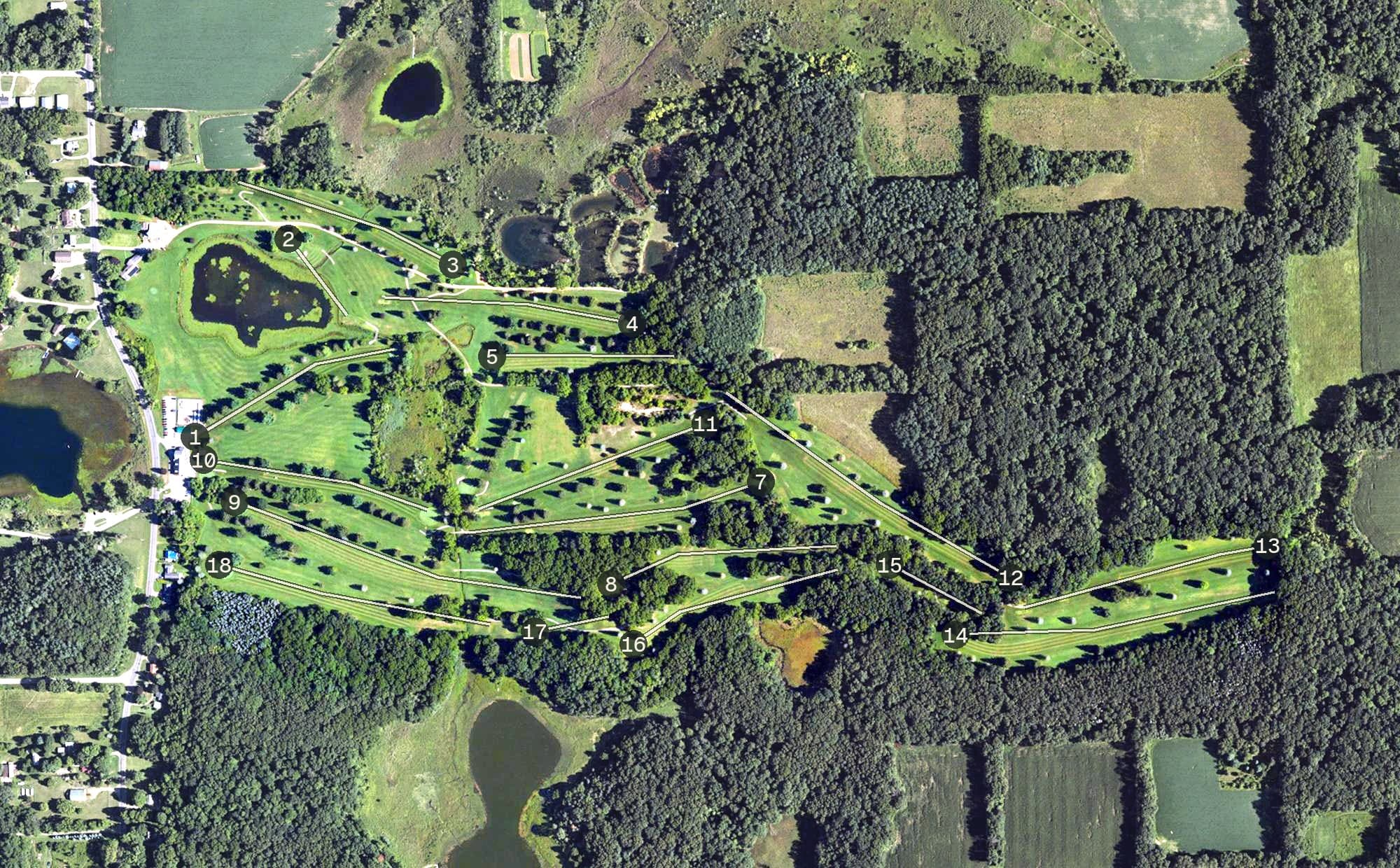 Aerial view of Concord Hills Golf Course, MI, with its hole routing marked