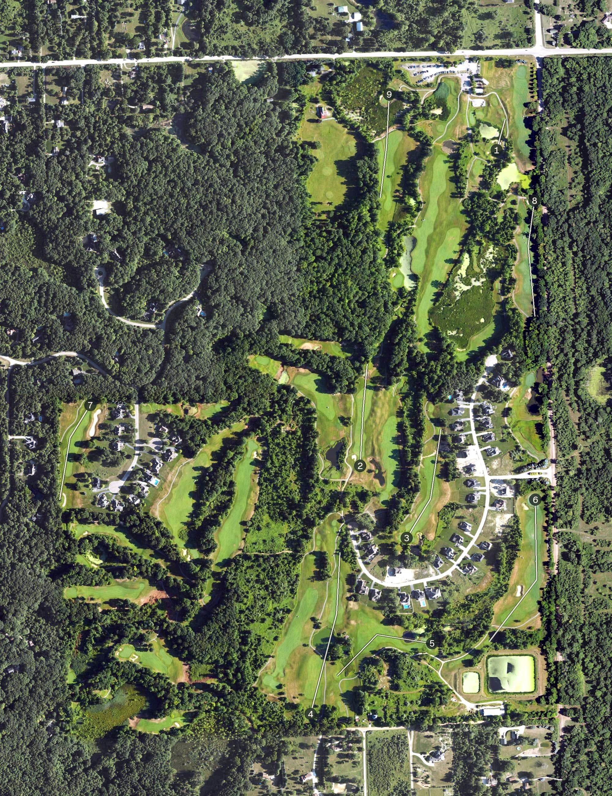 Aerial view of Copper Hills Golf and Country Club, MI, with its hole routing marked