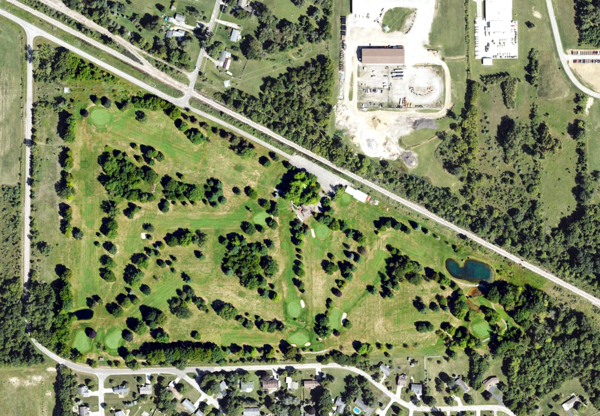 Aerial view of Corunna Hills Golf Course, MI, with its hole routing marked