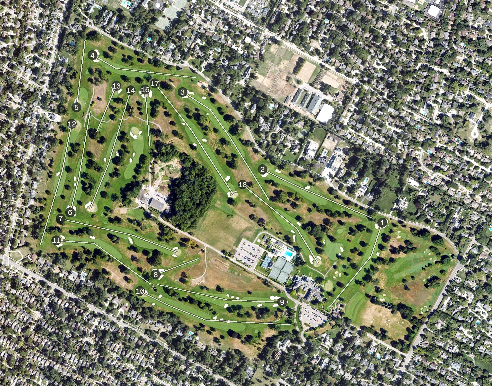 Aerial view of Country Club of Detroit, MI, with its hole routing marked