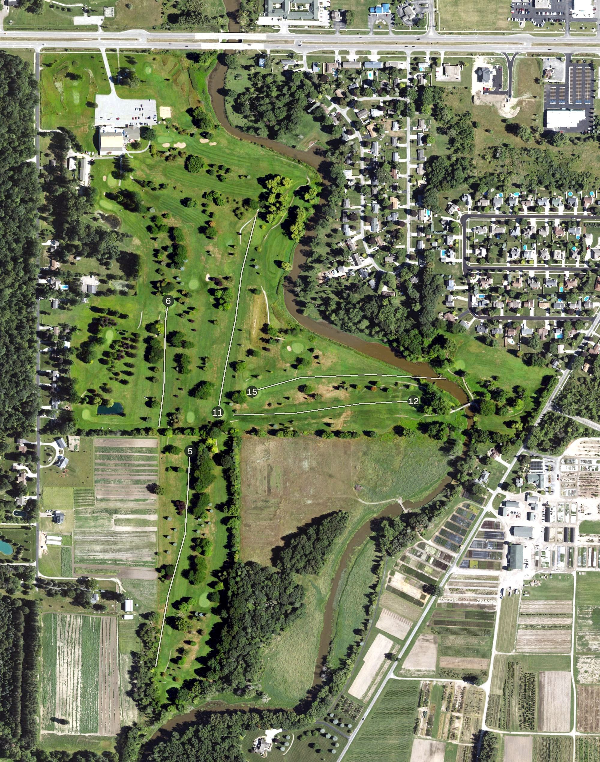 Aerial view of Crooked Creek Golf Course, MI, with its hole routing marked