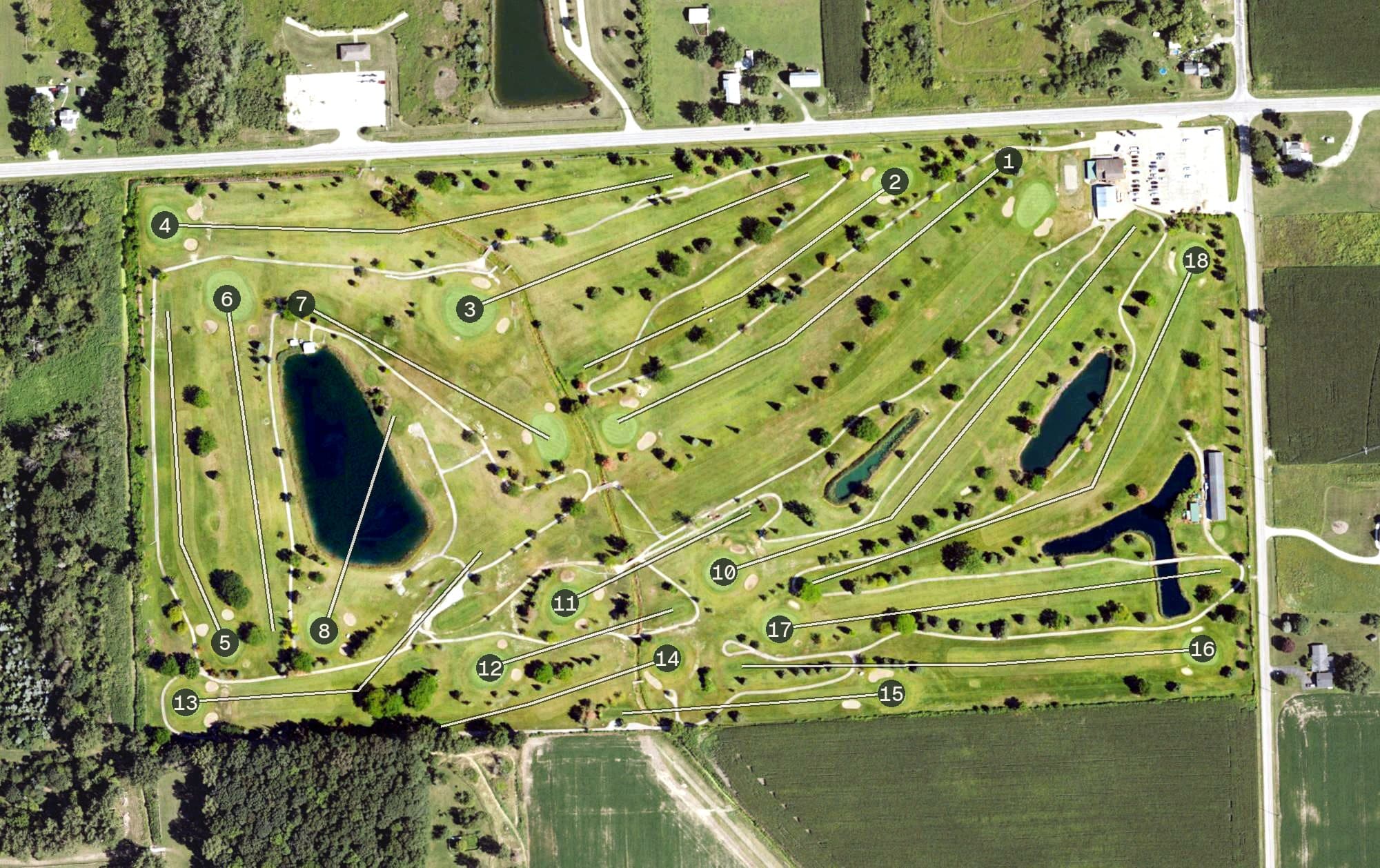 Aerial view of Crooked Creek Golf Course, MI, with its hole routing marked