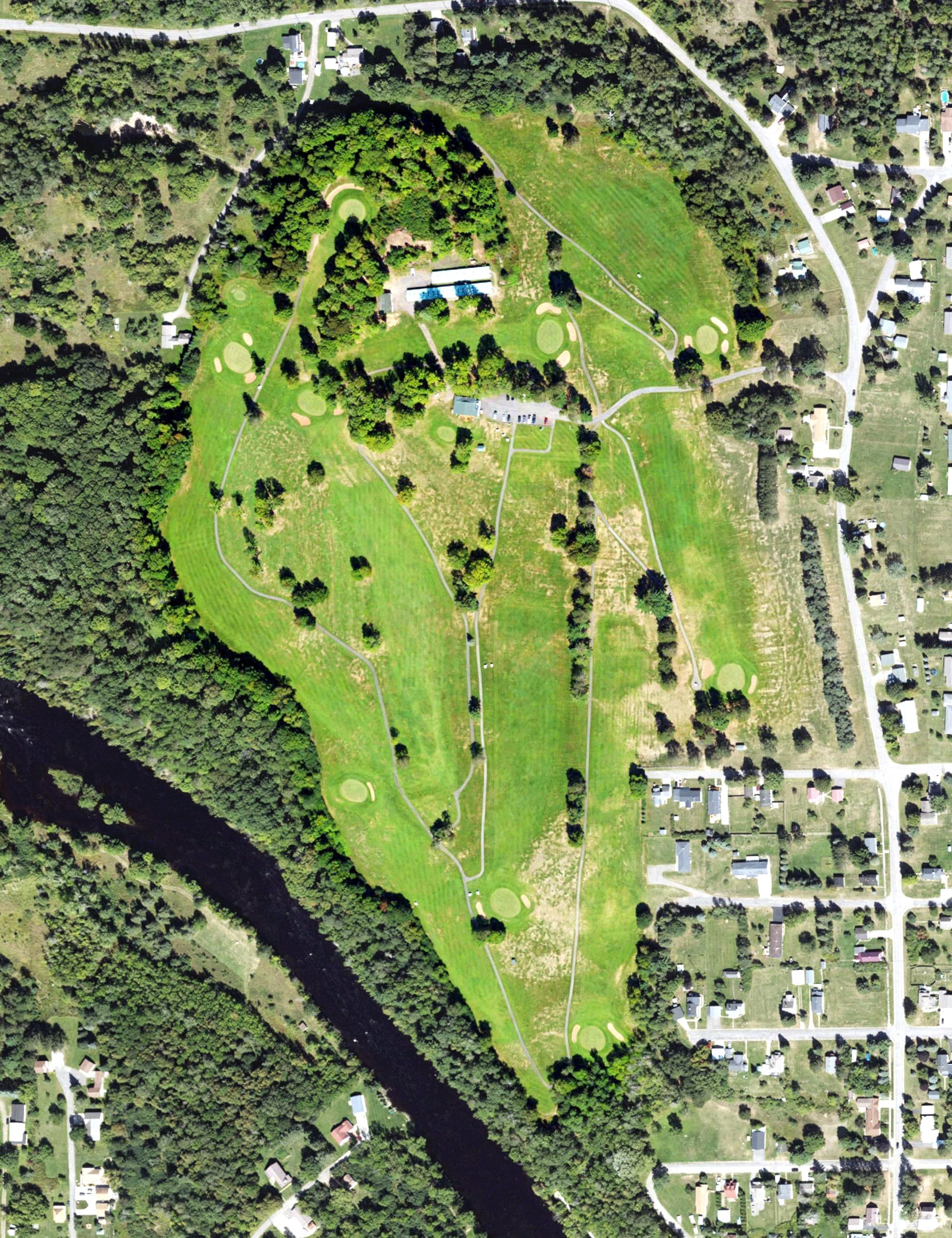 Aerial view of Crystal View Golf Course, MI, with its hole routing marked