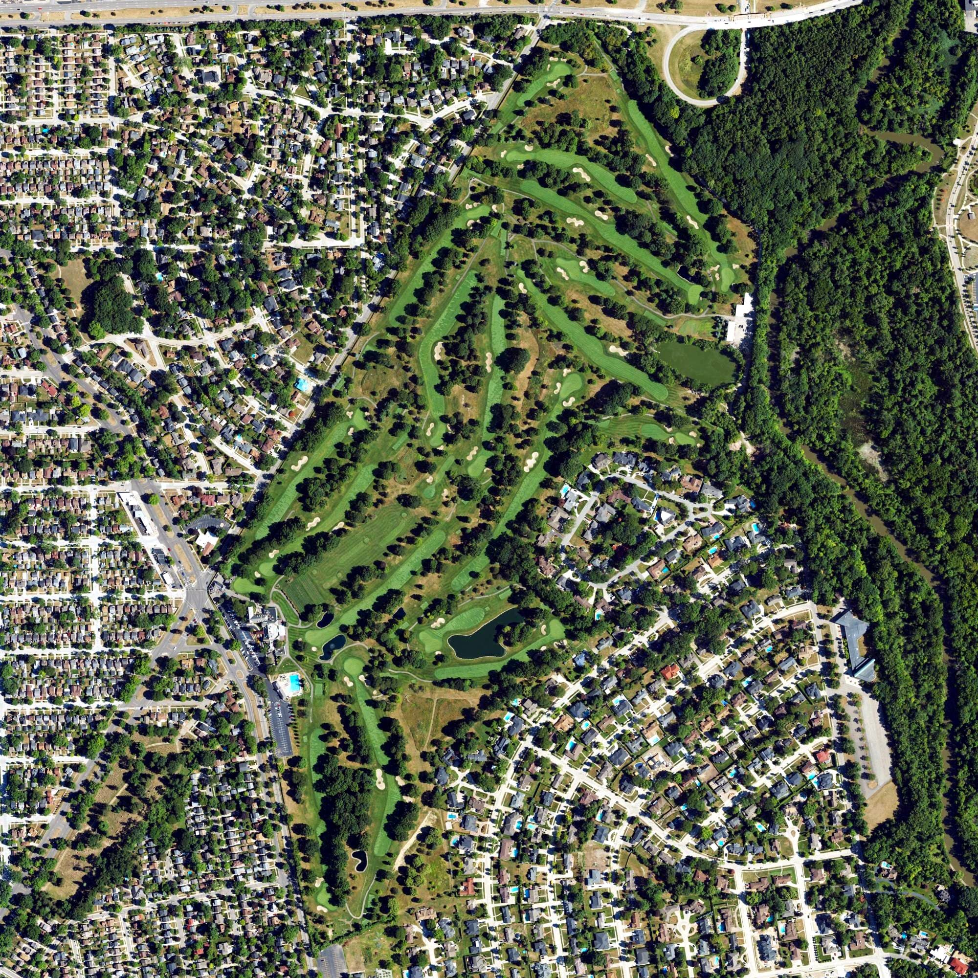 Aerial view of Dearborn Country Club, MI, with its hole routing marked