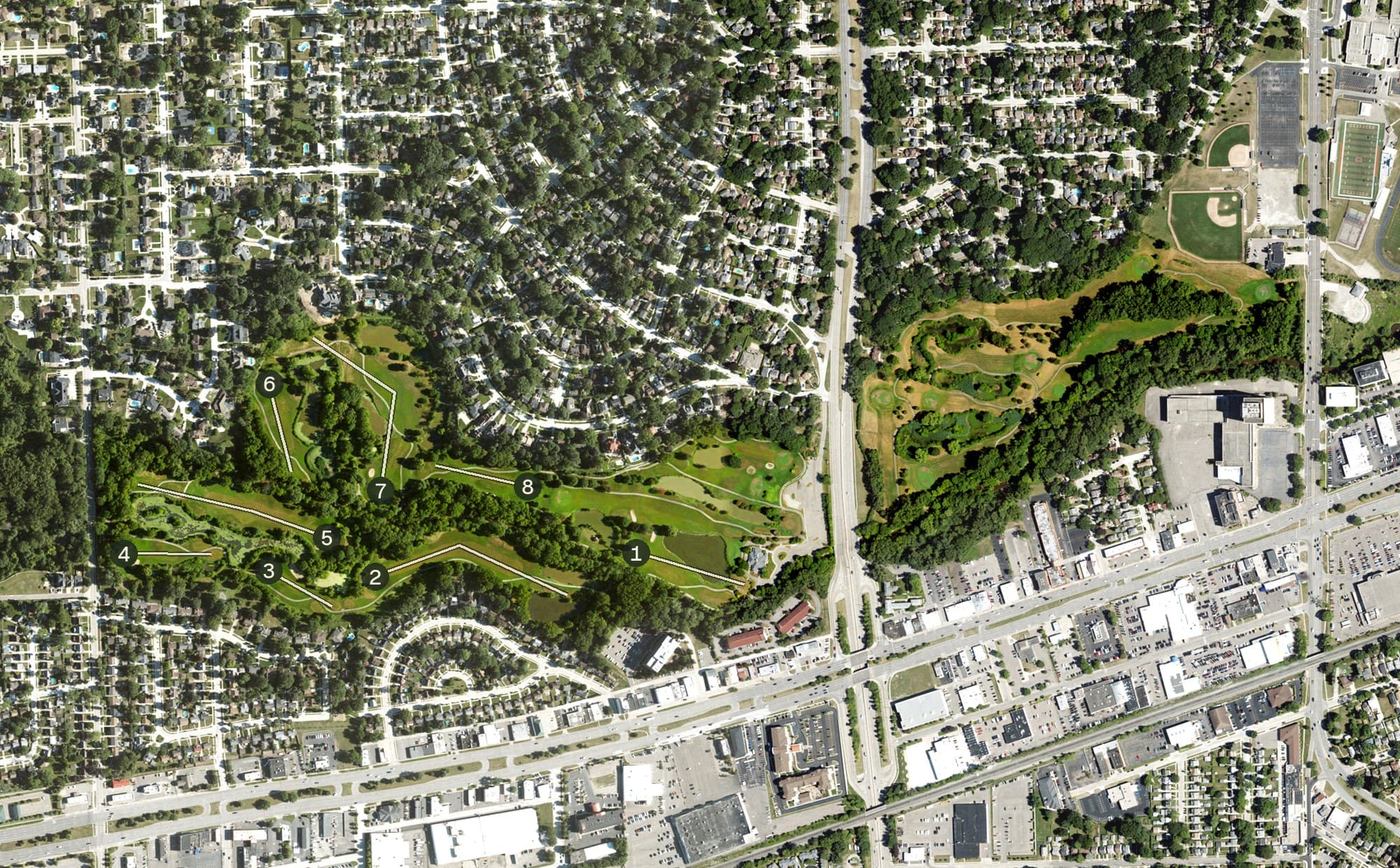 Aerial view of Dearborn Hills, MI, with its hole routing marked