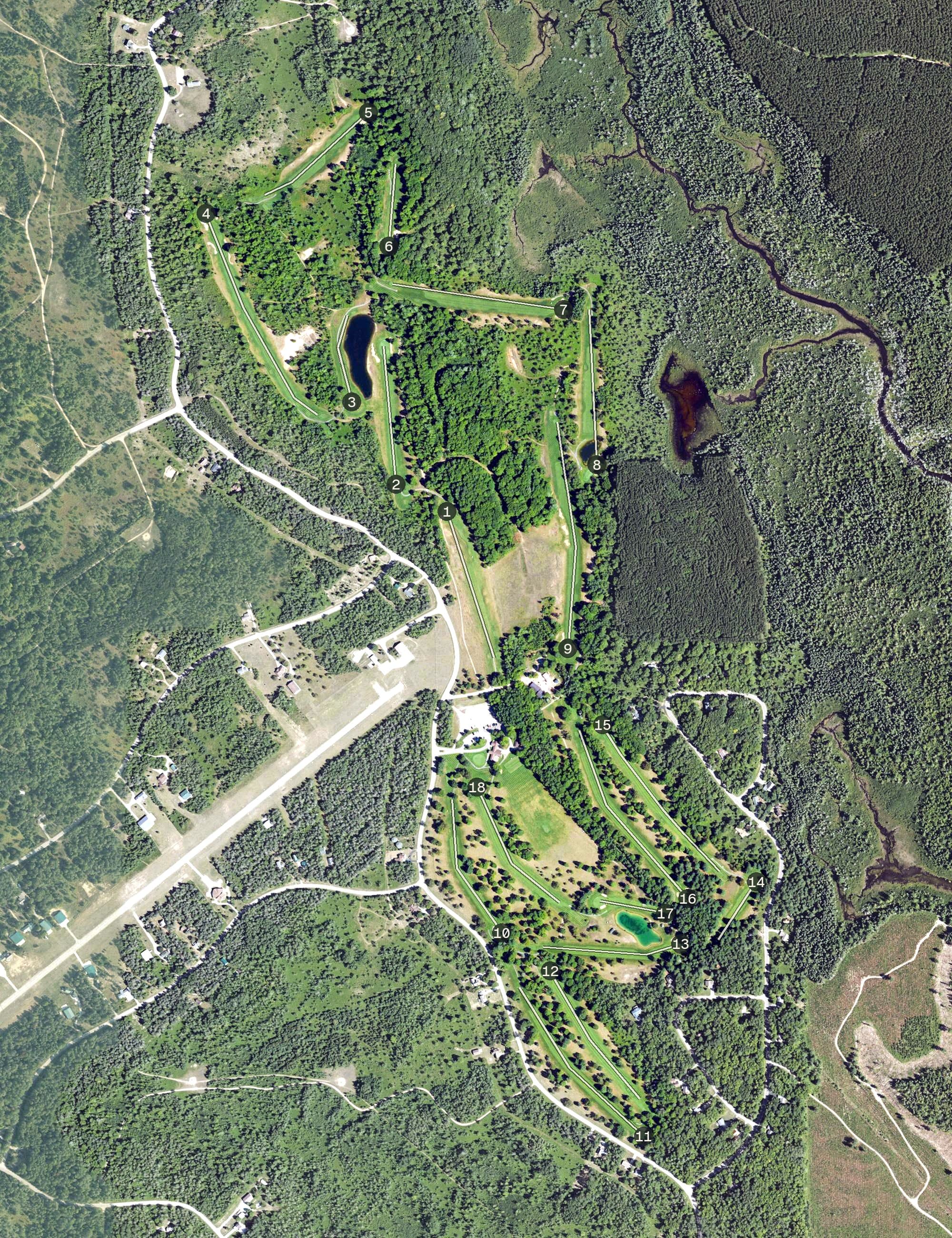 Aerial view of Deer Run Golf at Lakes of the North, MI, with its hole routing marked