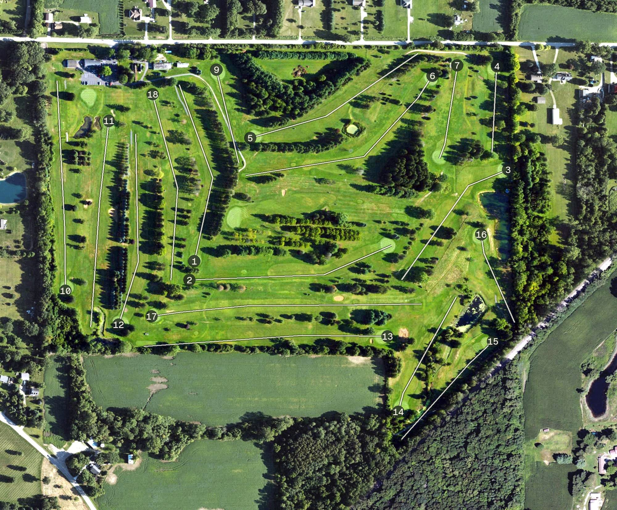 Aerial view of Deme Acres Golf Course, MI, with its hole routing marked