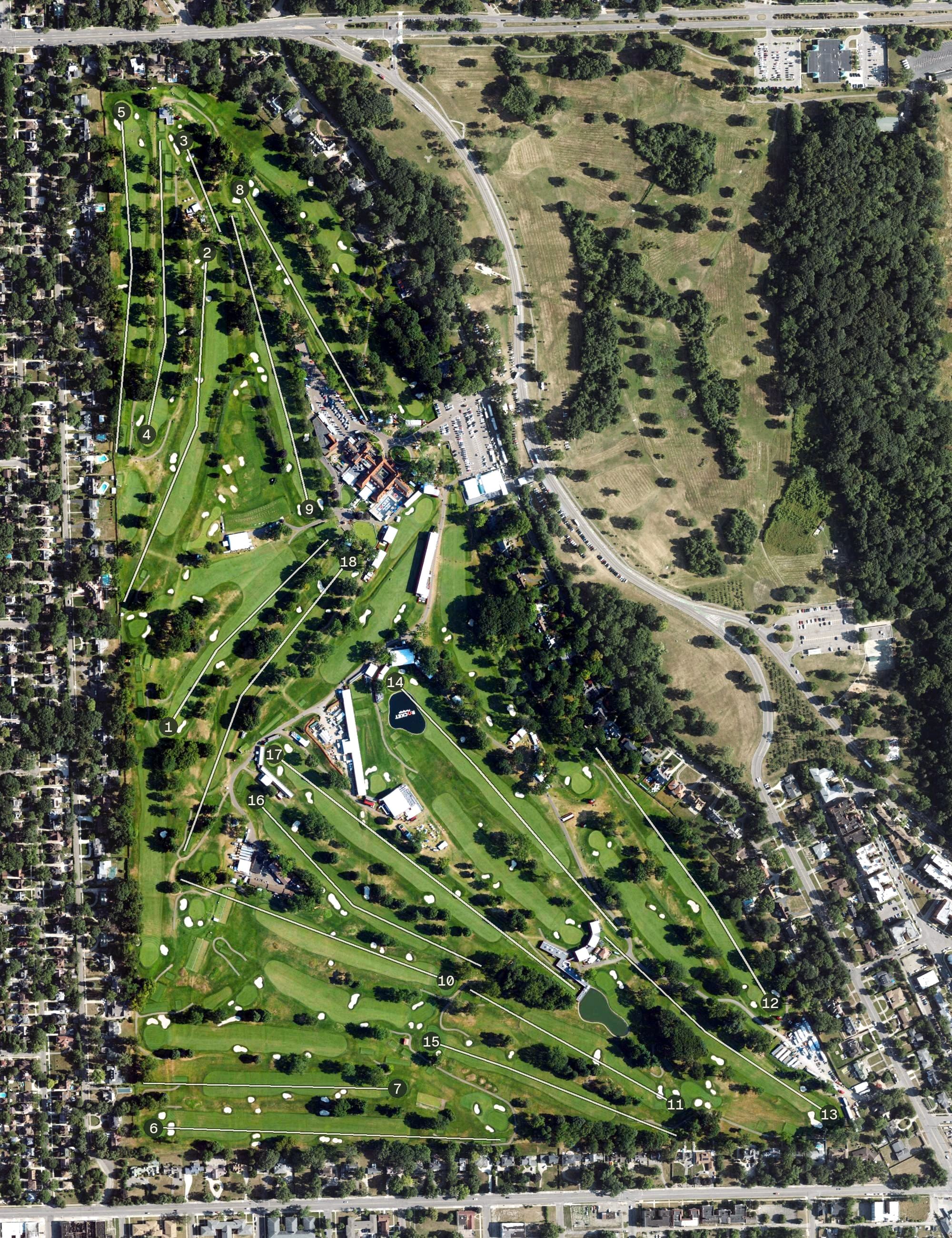 Aerial view of Detroit Golf Club, MI, with its hole routing marked