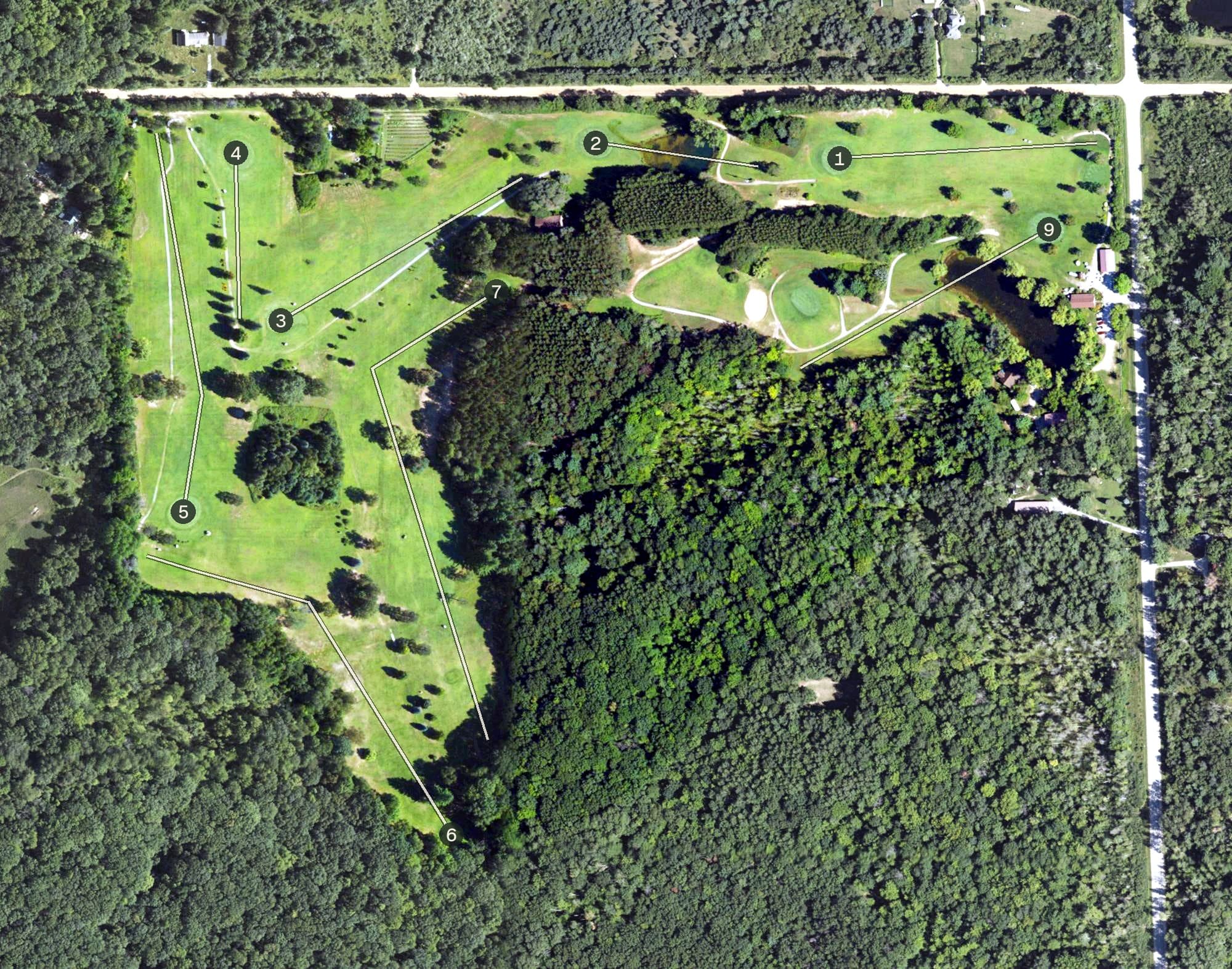 Aerial view of Devil's Knob Golf Course, MI, with its hole routing marked