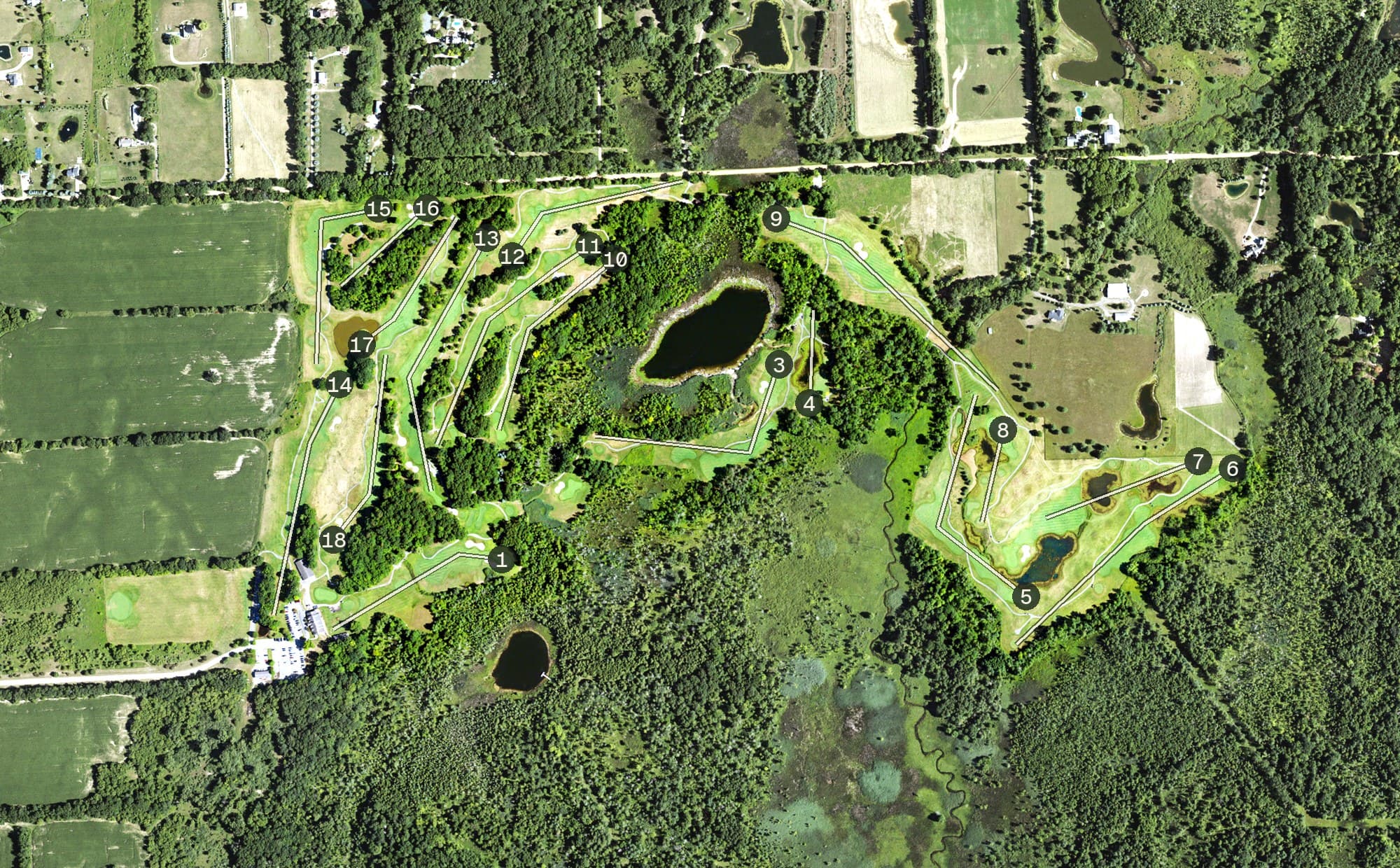 Aerial view of Devil's Ridge Golf Club, MI, with its hole routing marked