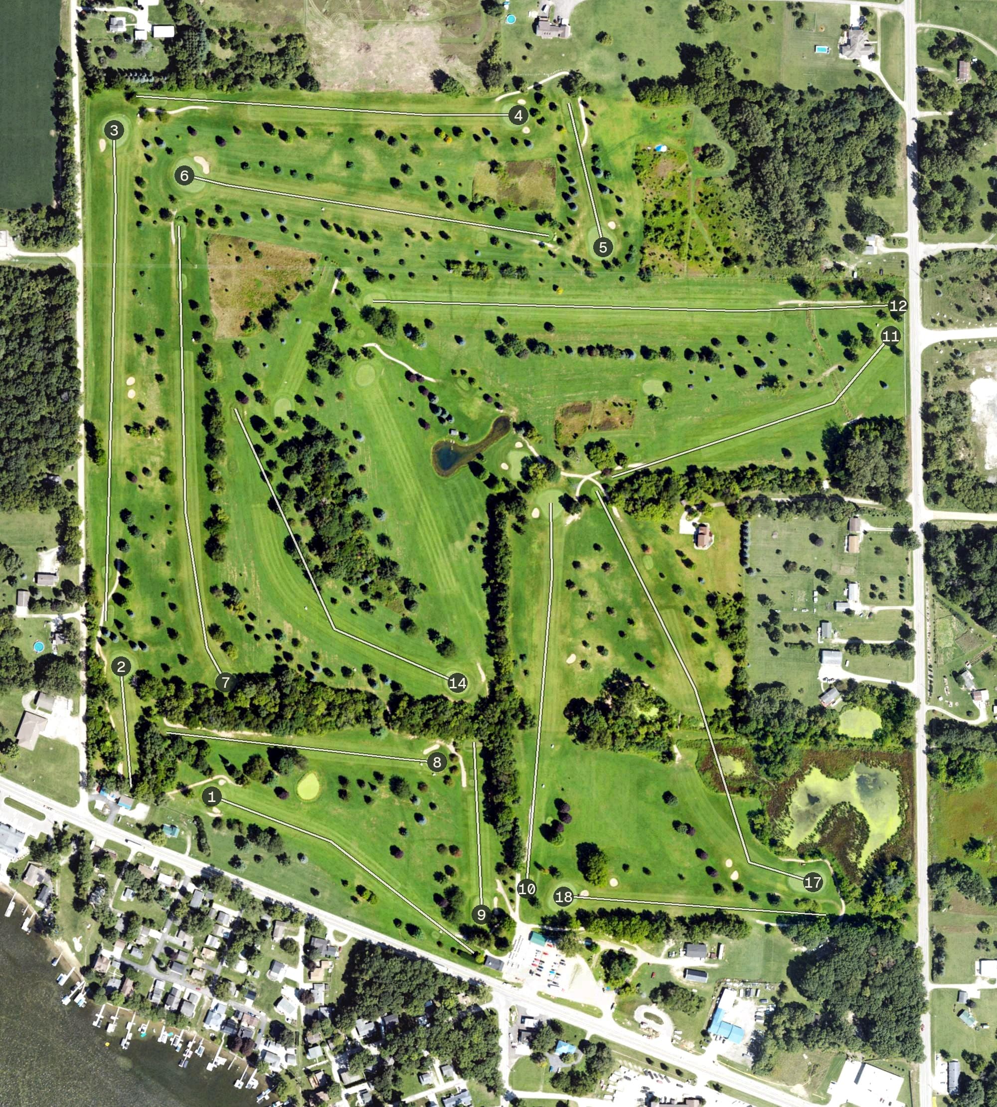 Aerial view of Devils Lake Golf Course, MI, with its hole routing marked