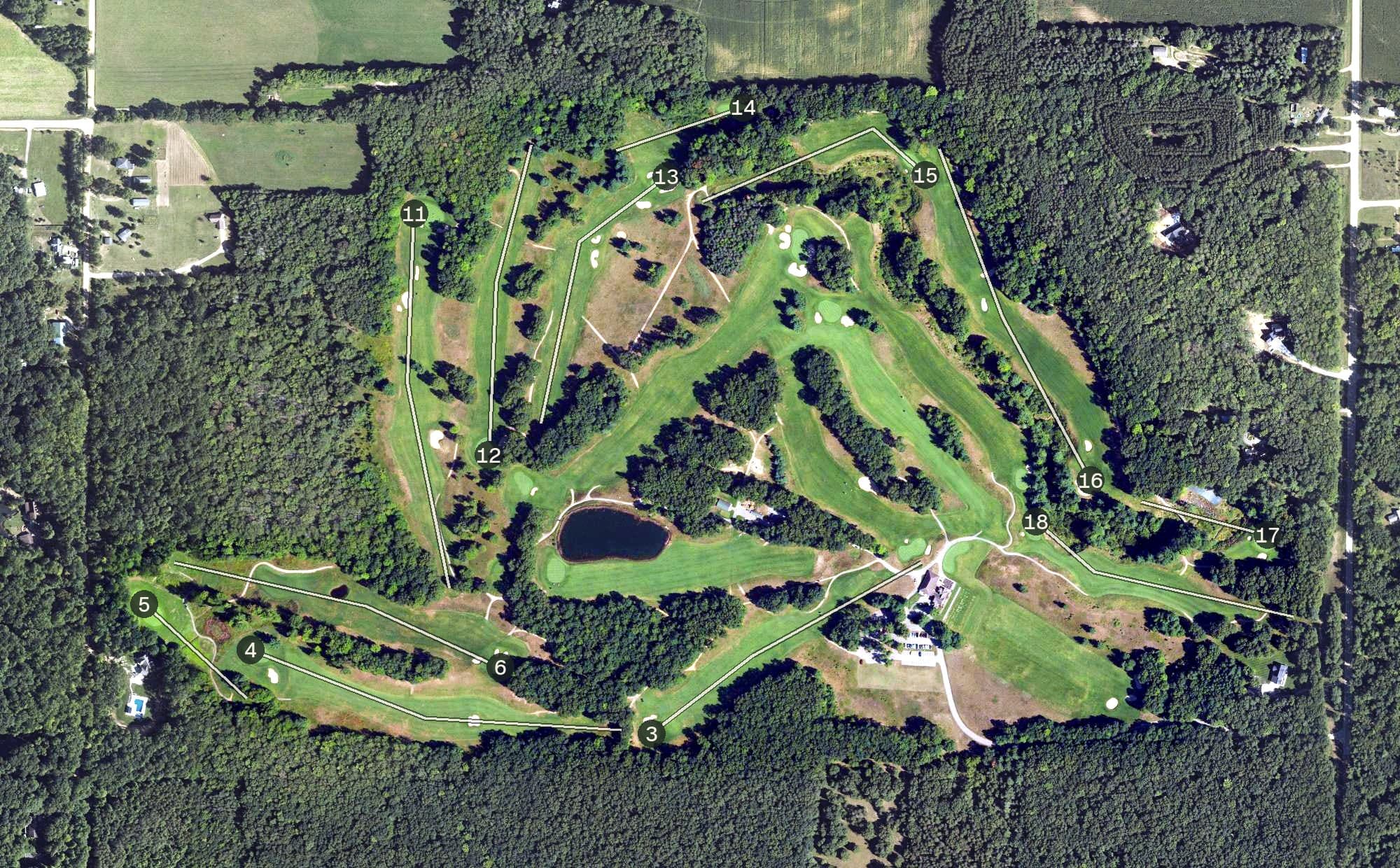 Aerial view of Diamond Springs Golf Course, MI, with its hole routing marked