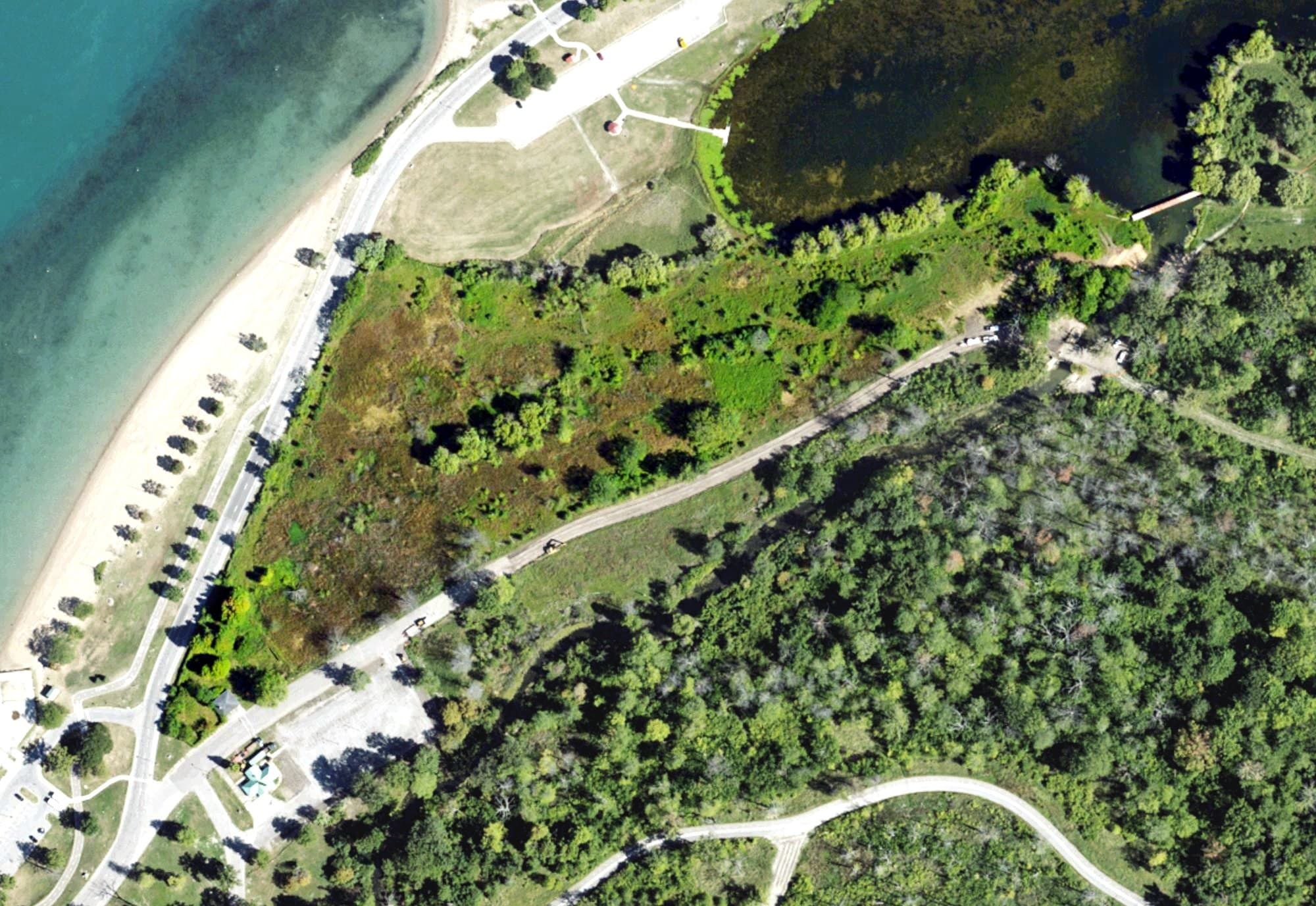 Aerial view of Disc Golf Course, MI, with its hole routing marked