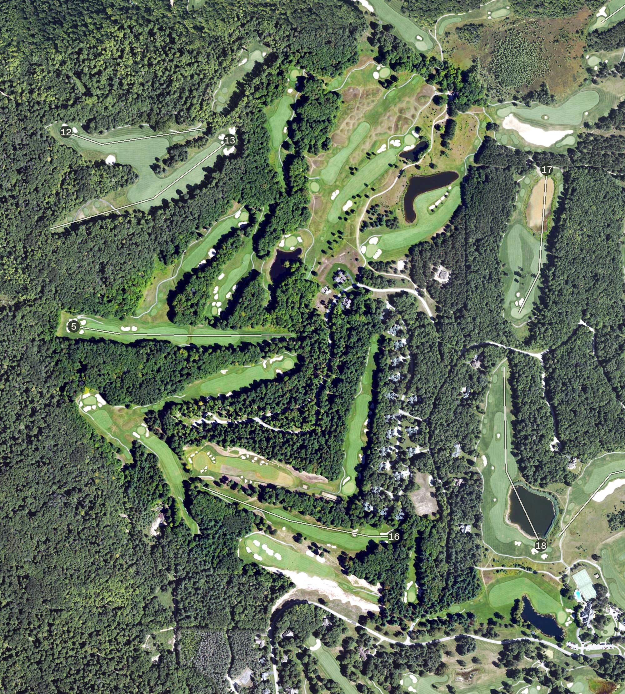 Aerial view of Donald Ross Memorial, MI, with its hole routing marked