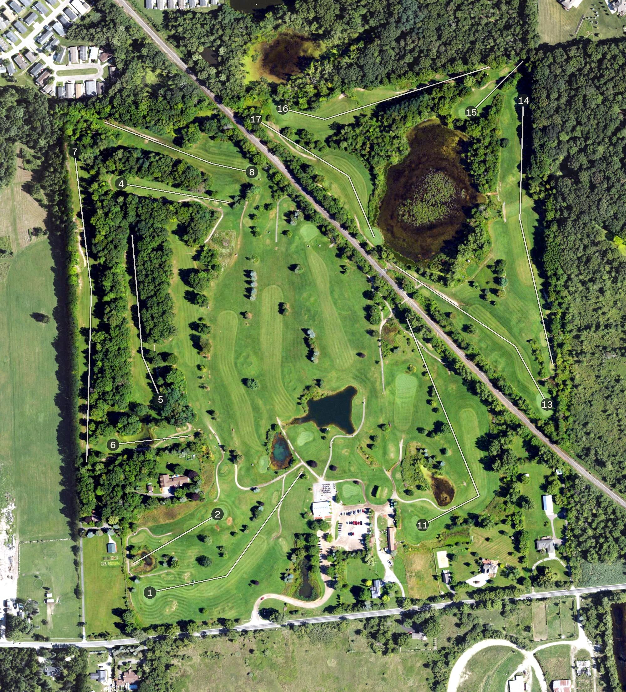 Aerial view of Downing Farms Golf Course, MI, with its hole routing marked