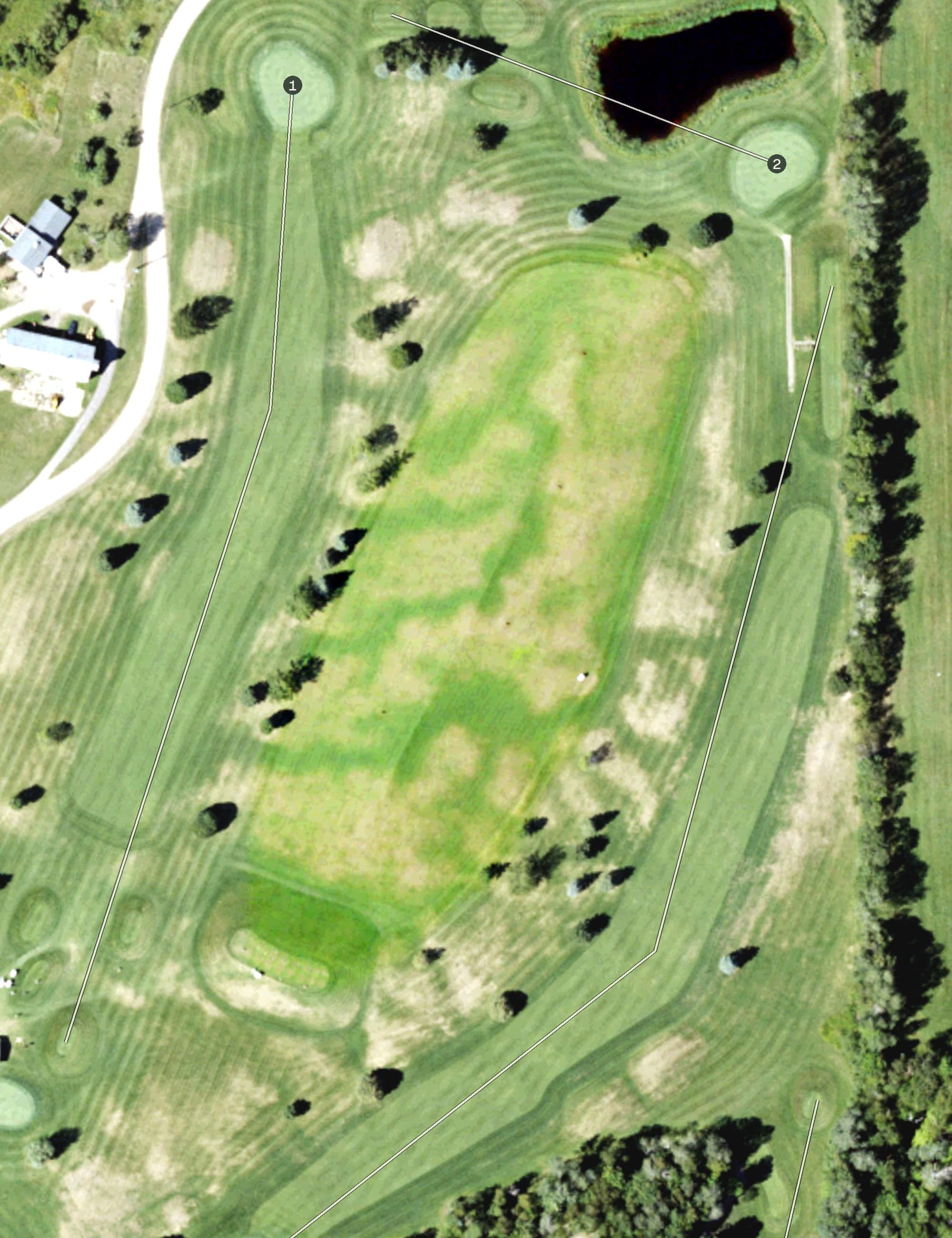 Aerial view of Driving Range, MI, with its hole routing marked