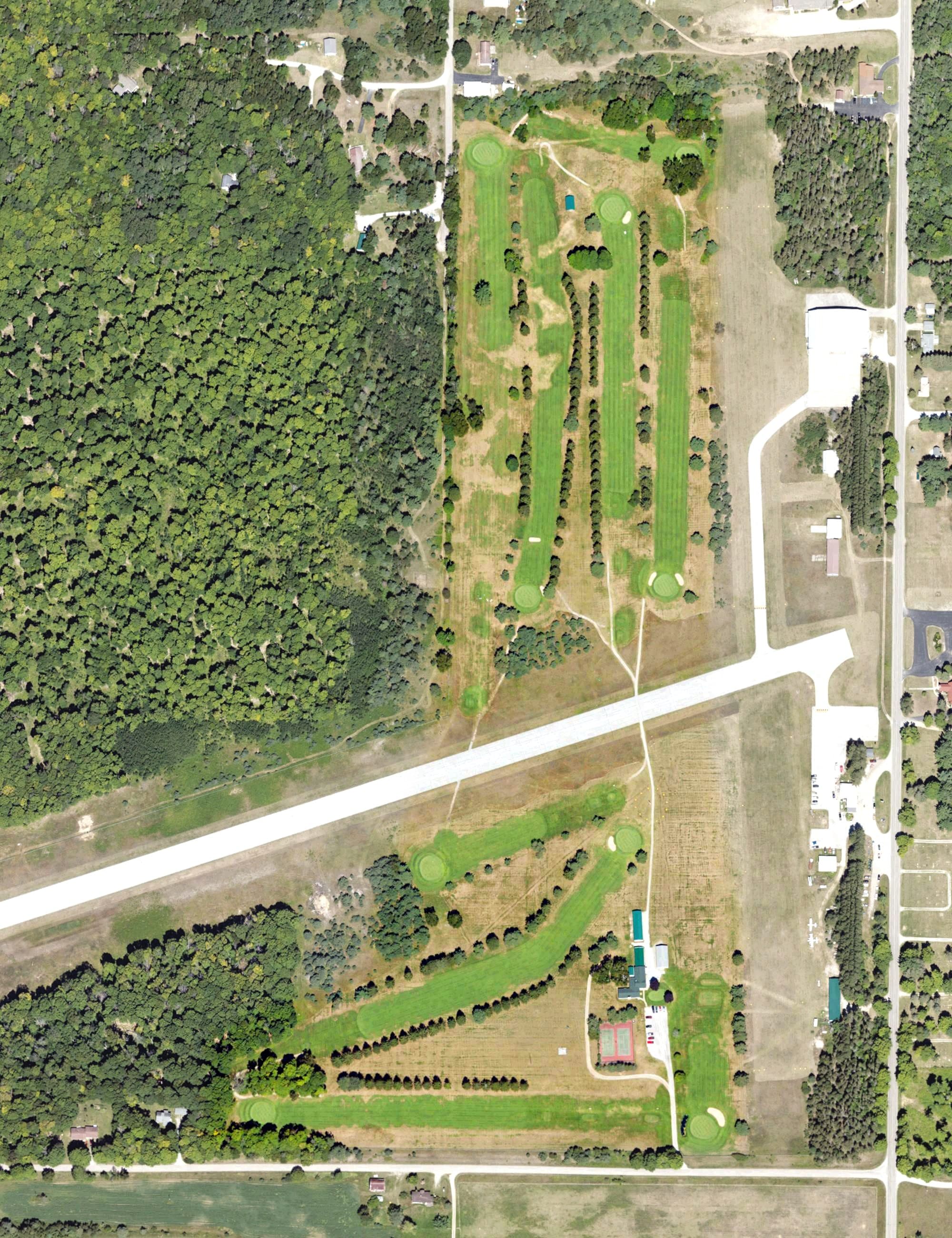 Aerial view of Drummond Island Golf Club, MI, with its hole routing marked