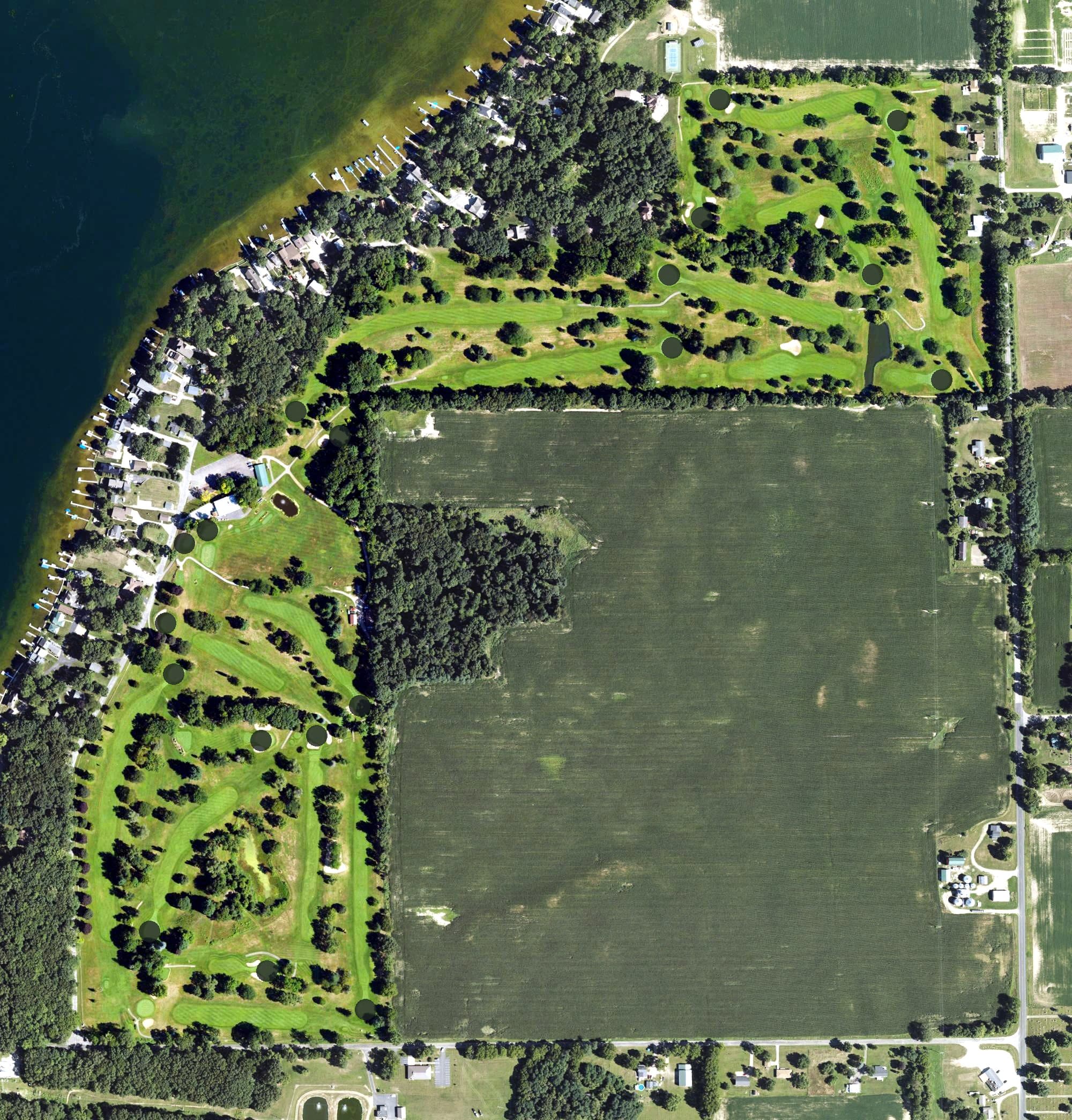 Aerial view of Duck Lake Country Club, MI, with its hole routing marked