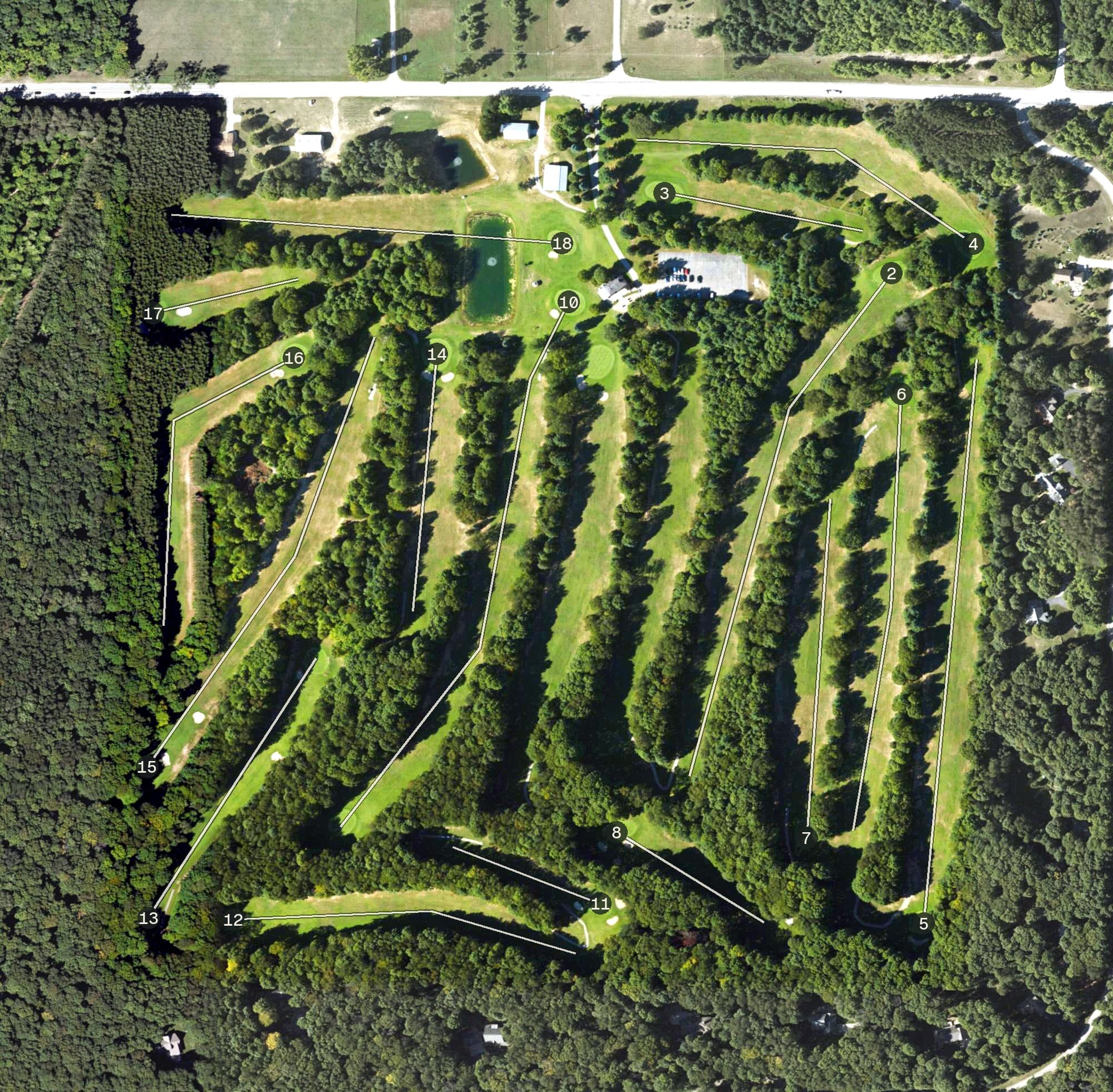 Aerial view of Dunes Golf Club, MI, with its hole routing marked