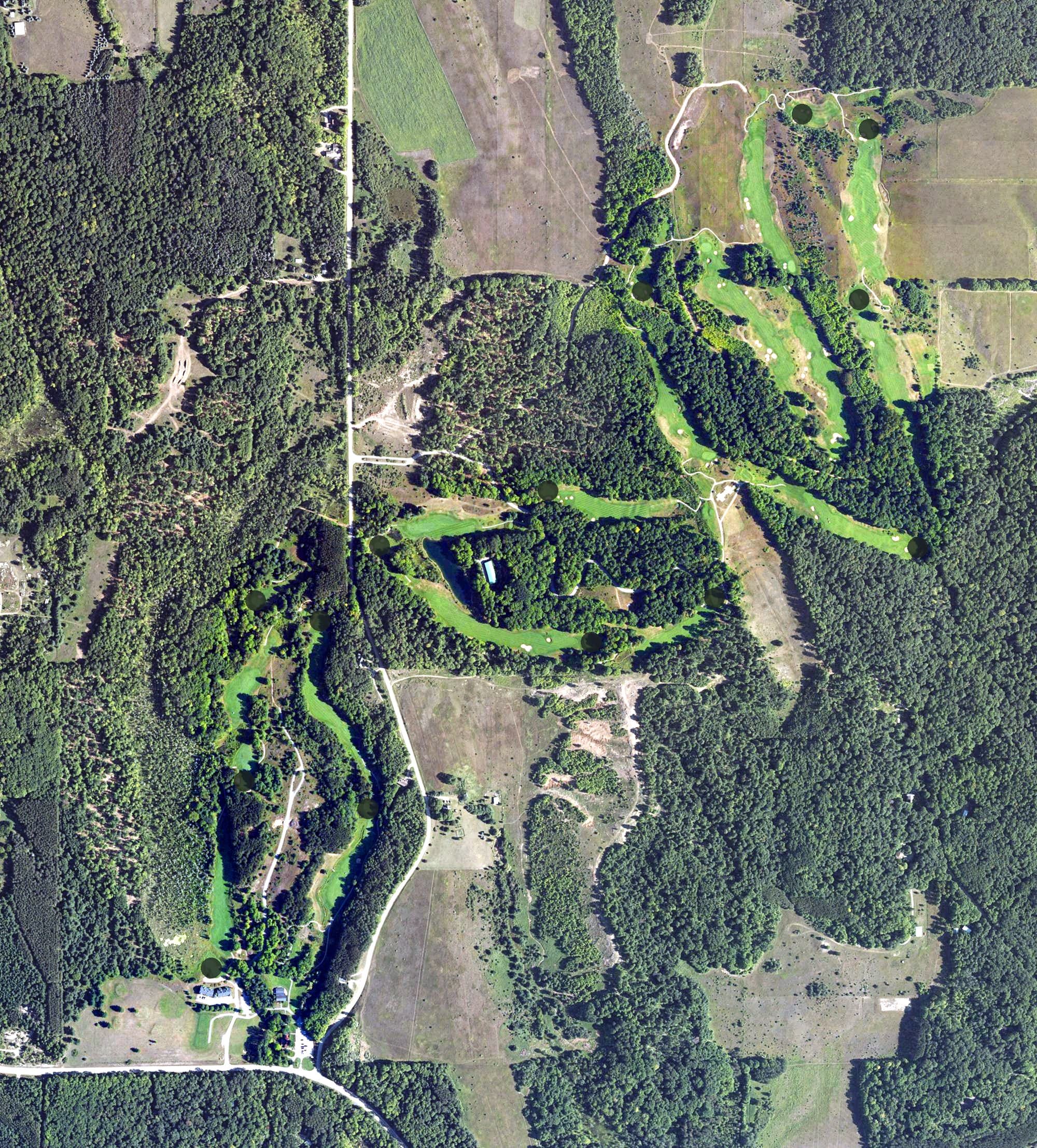 Aerial view of Dunmaglas Golf Club, MI, with its hole routing marked