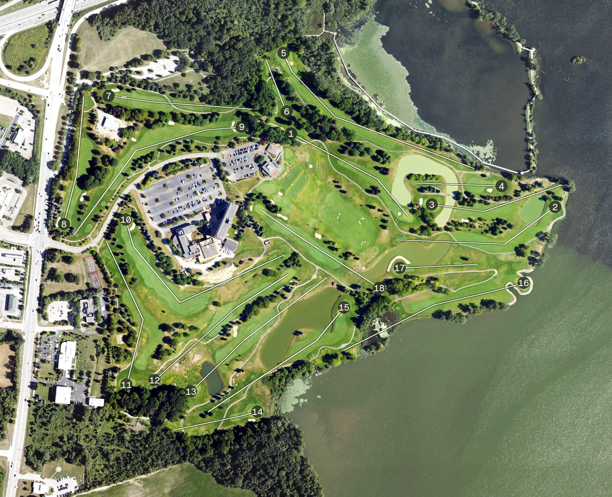 Aerial view of Eagle Crest Resort, MI, with its hole routing marked