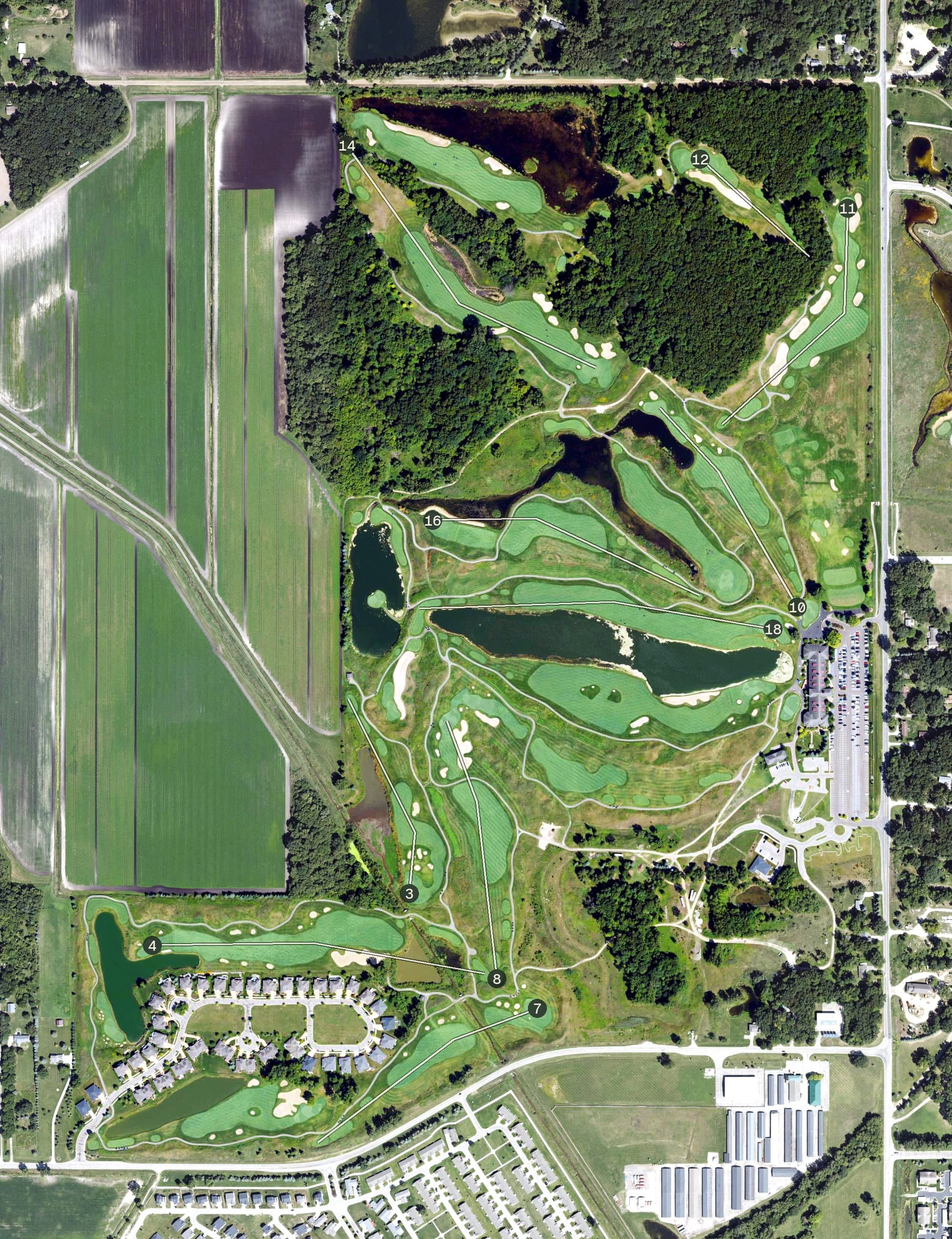 Aerial view of Eagle Eye Golf Club, MI, with its hole routing marked