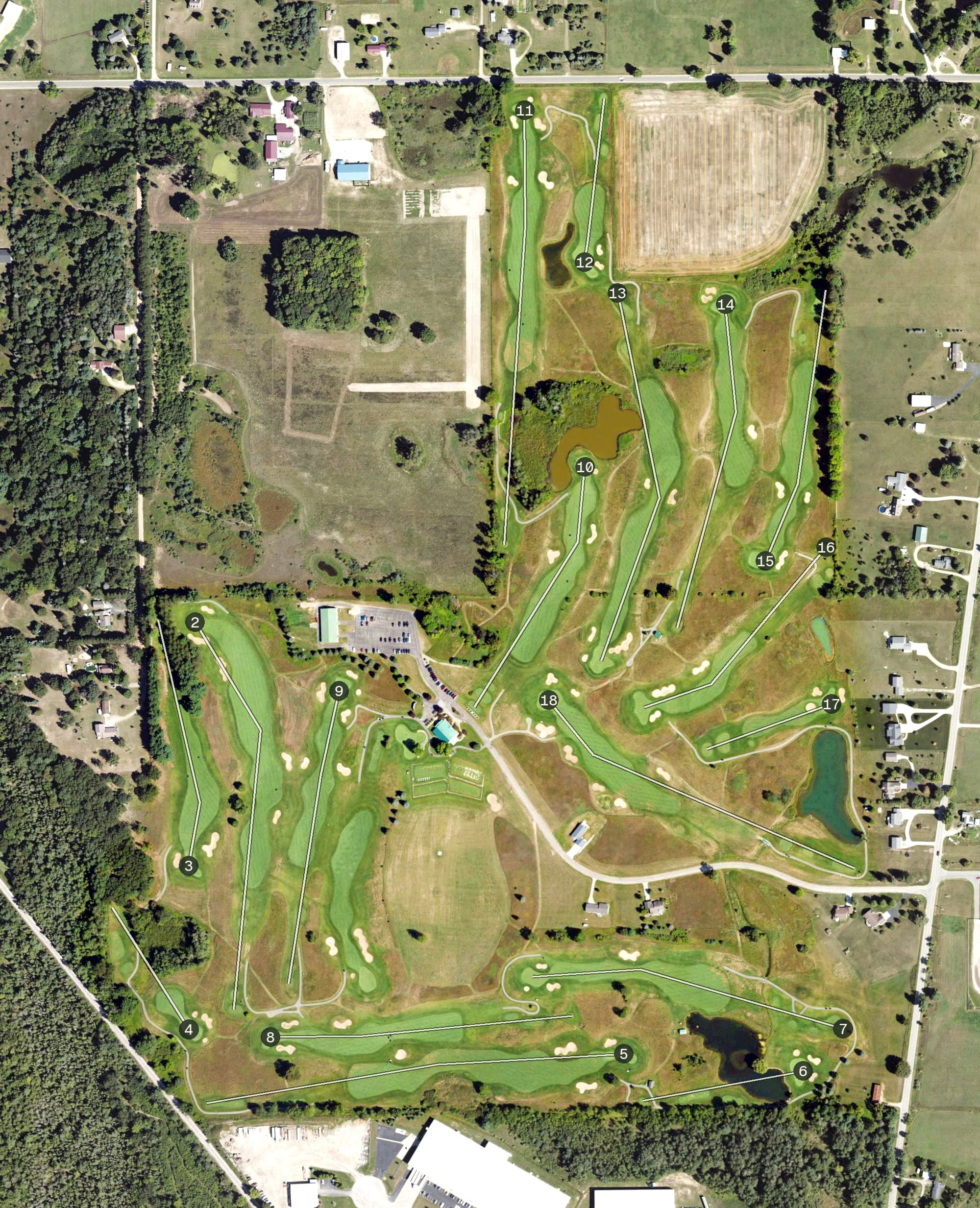 Aerial view of Eagle Glen Golf Course, MI, with its hole routing marked