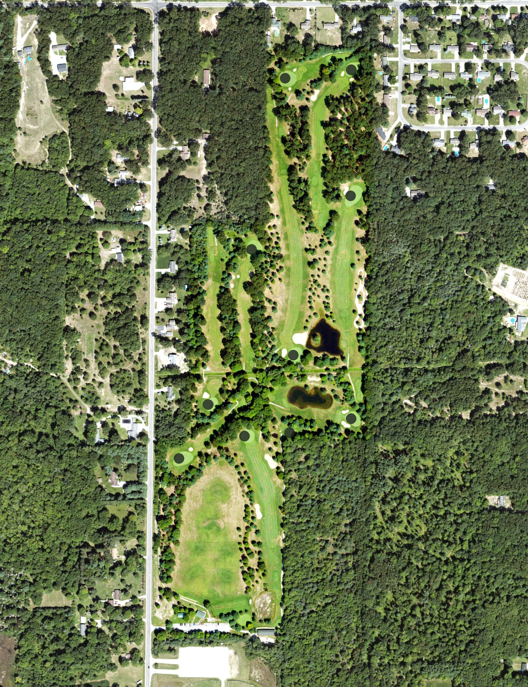 Aerial view of Eagle Island Golf Course, MI, with its hole routing marked
