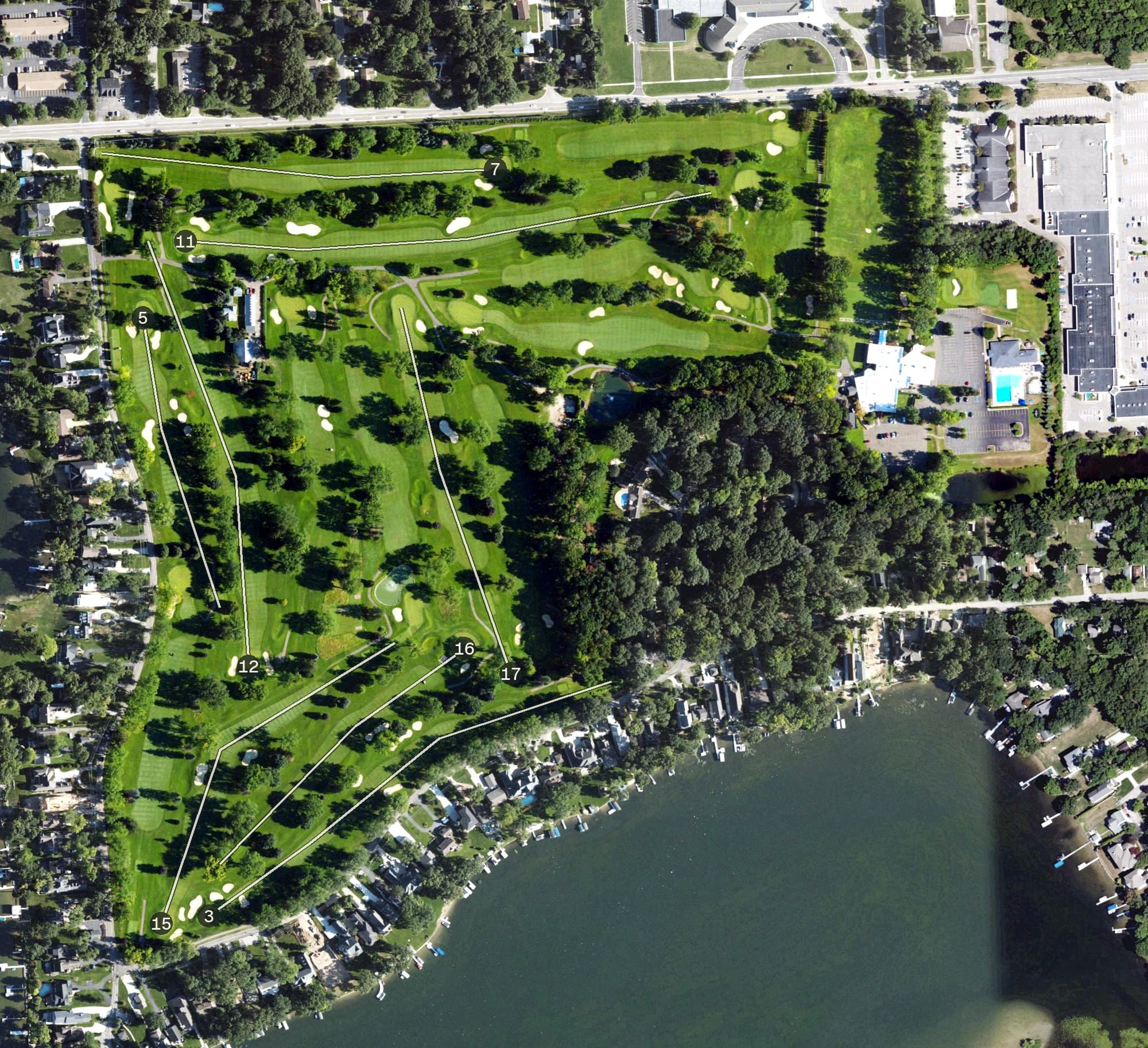 Aerial view of Edgewood Country Club, MI, with its hole routing marked