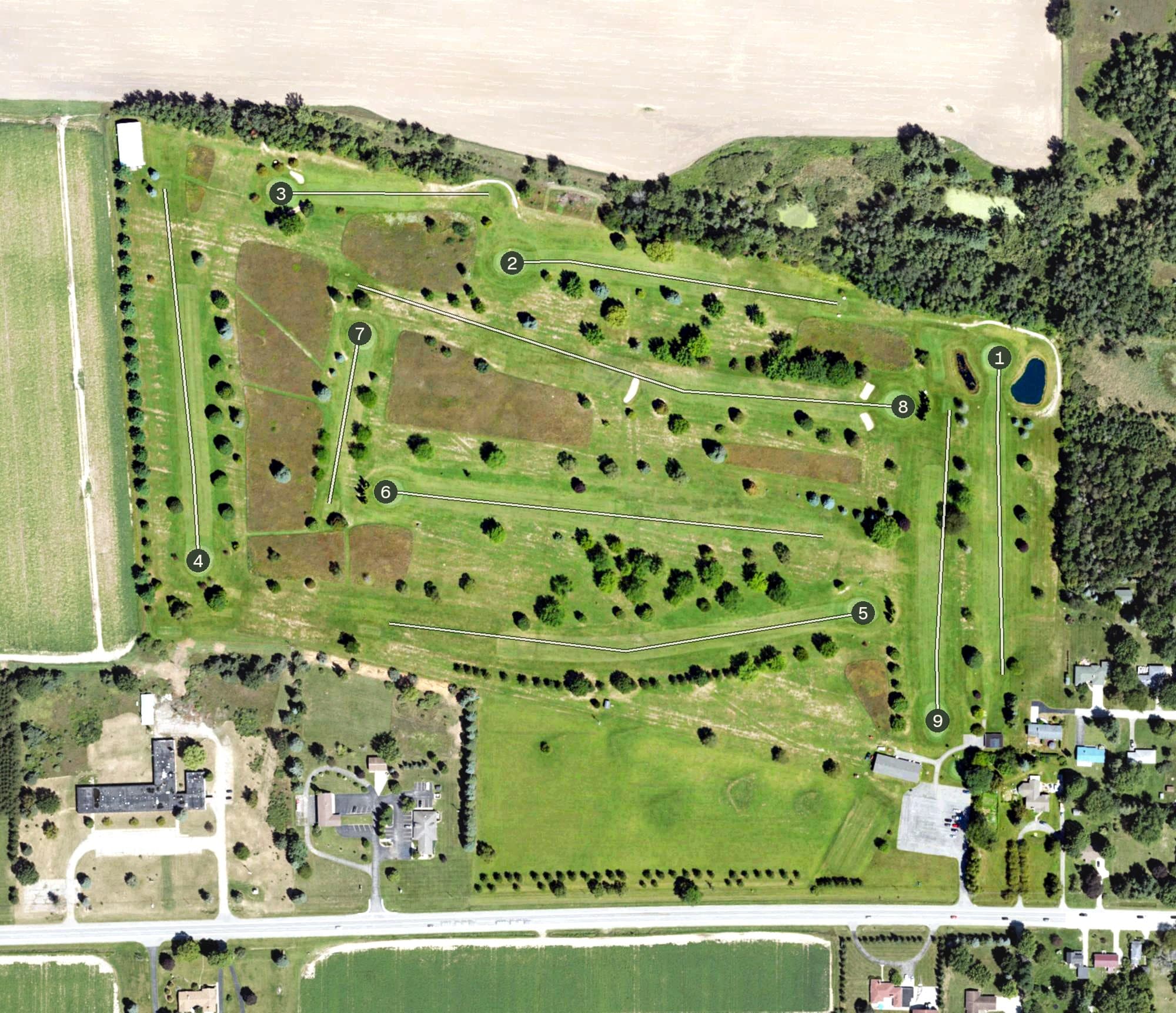 Aerial view of Edmore Golf Course, MI, with its hole routing marked